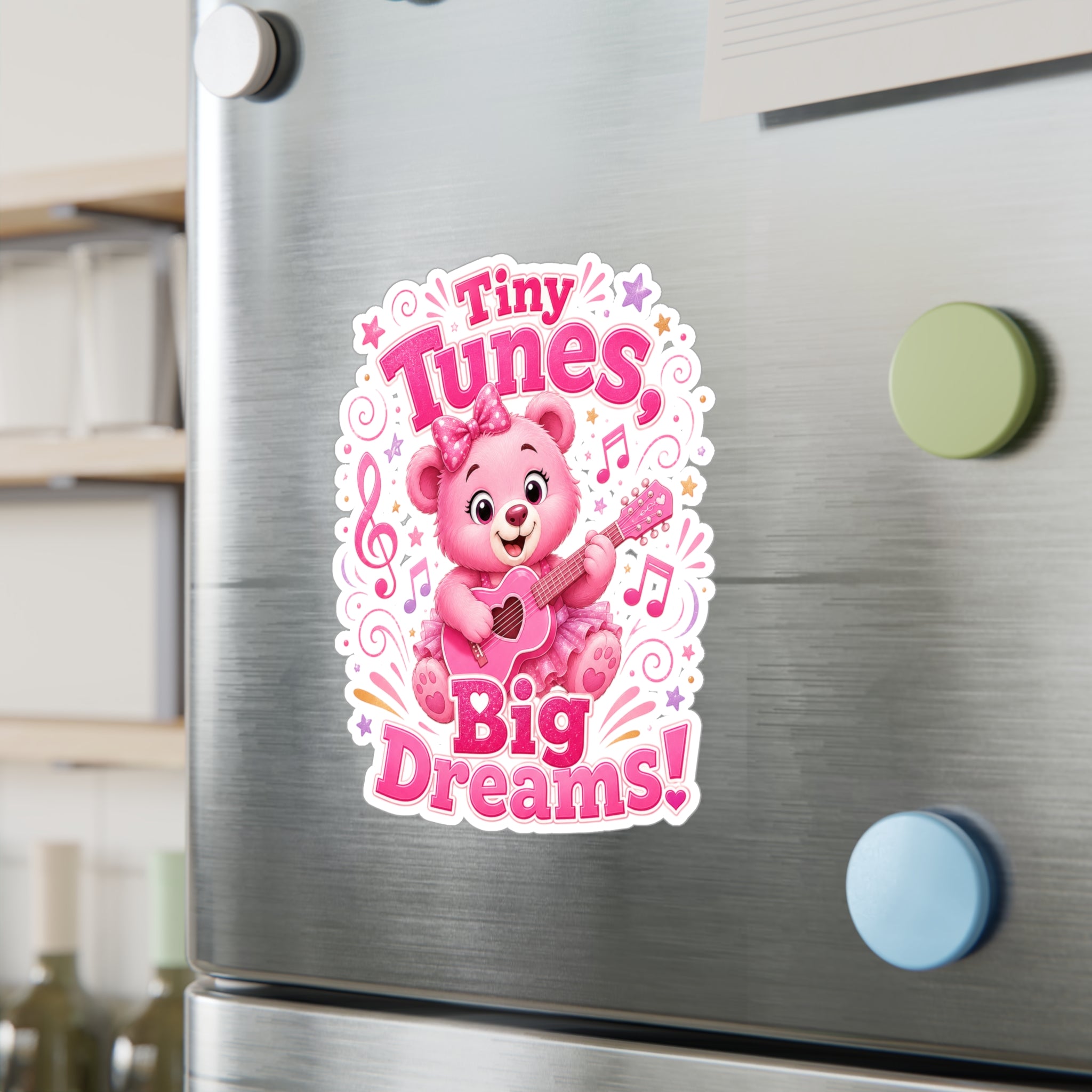 Kiss-Cut Vinyl Decal — Pink Bear "Tiny Tunes, Big Dreams" Sticker