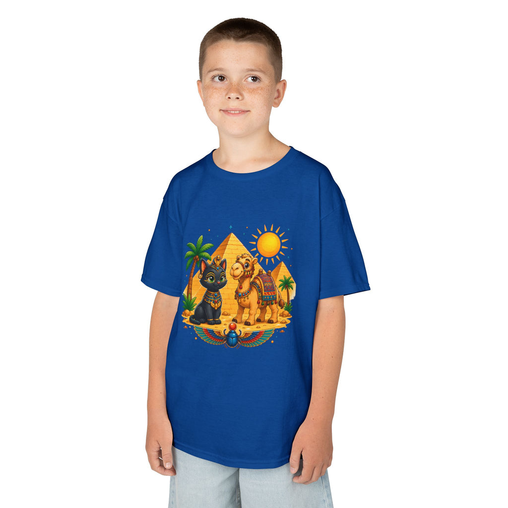 Egyptian Cats and Camel Kids Tee | Pyramid Desert Sun Illustration
