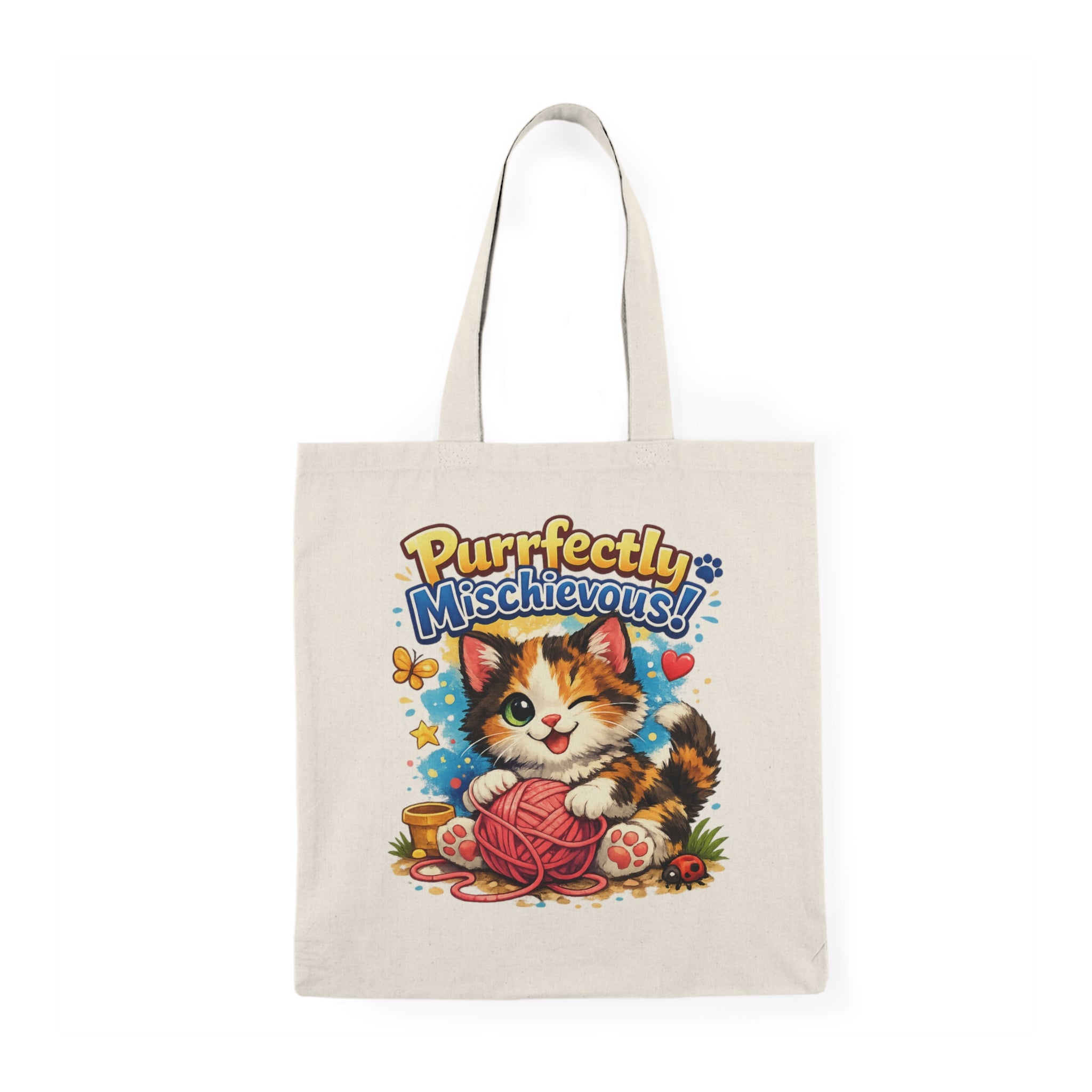 Natural Tote Bag - "Purrfectly Mischievous" Cute Kitten Yarn Shopper Tote