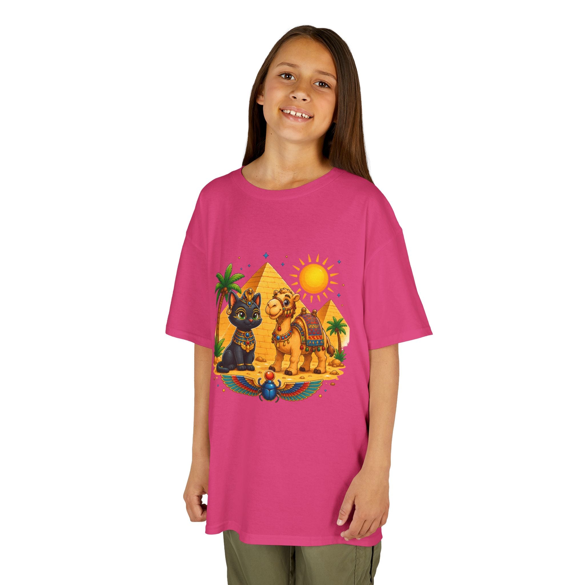 Egyptian Cats and Camel Kids Tee | Pyramid Desert Sun Illustration