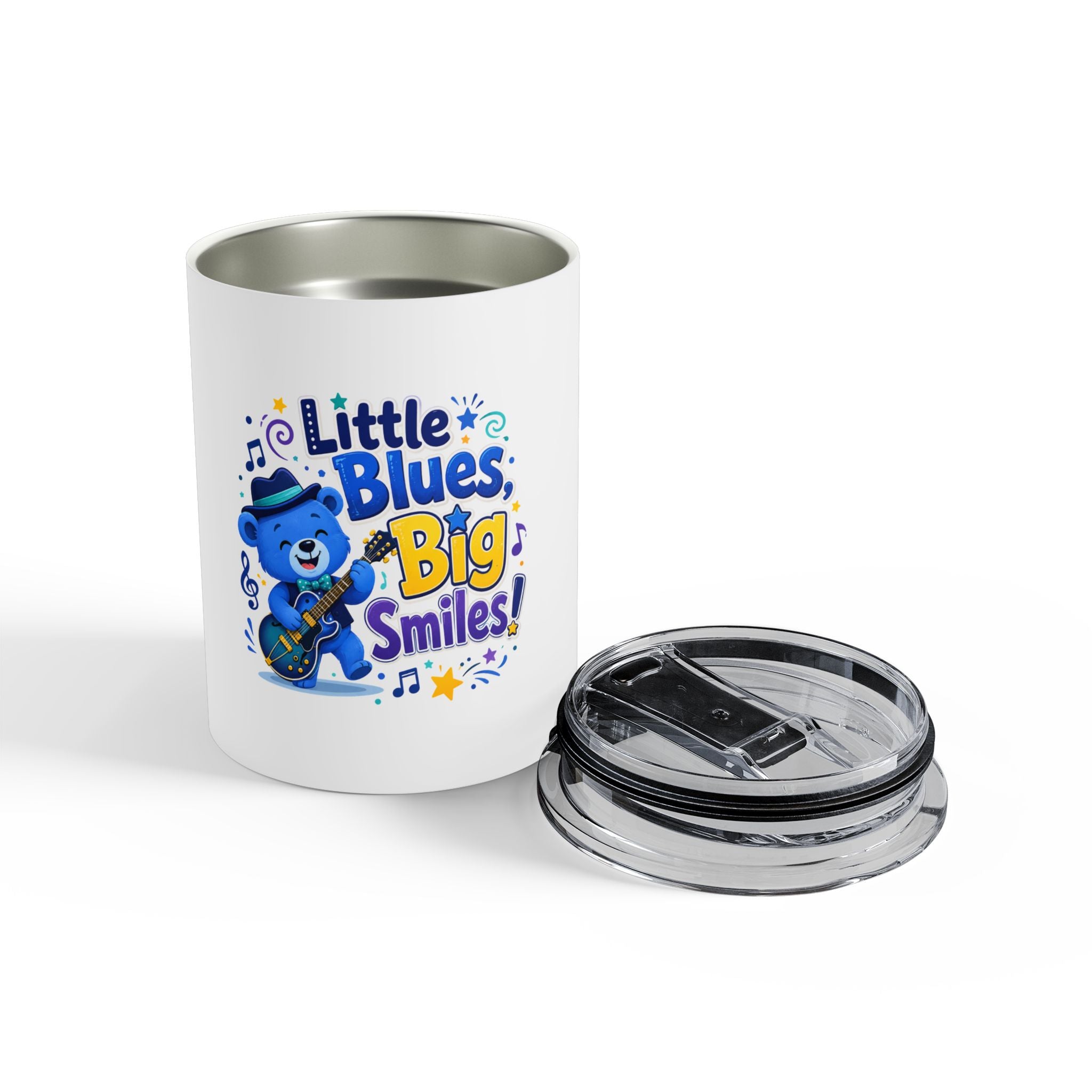 10oz Insulated Tumbler — “Little Blues, Big Smiles” Kids Music Bear Design