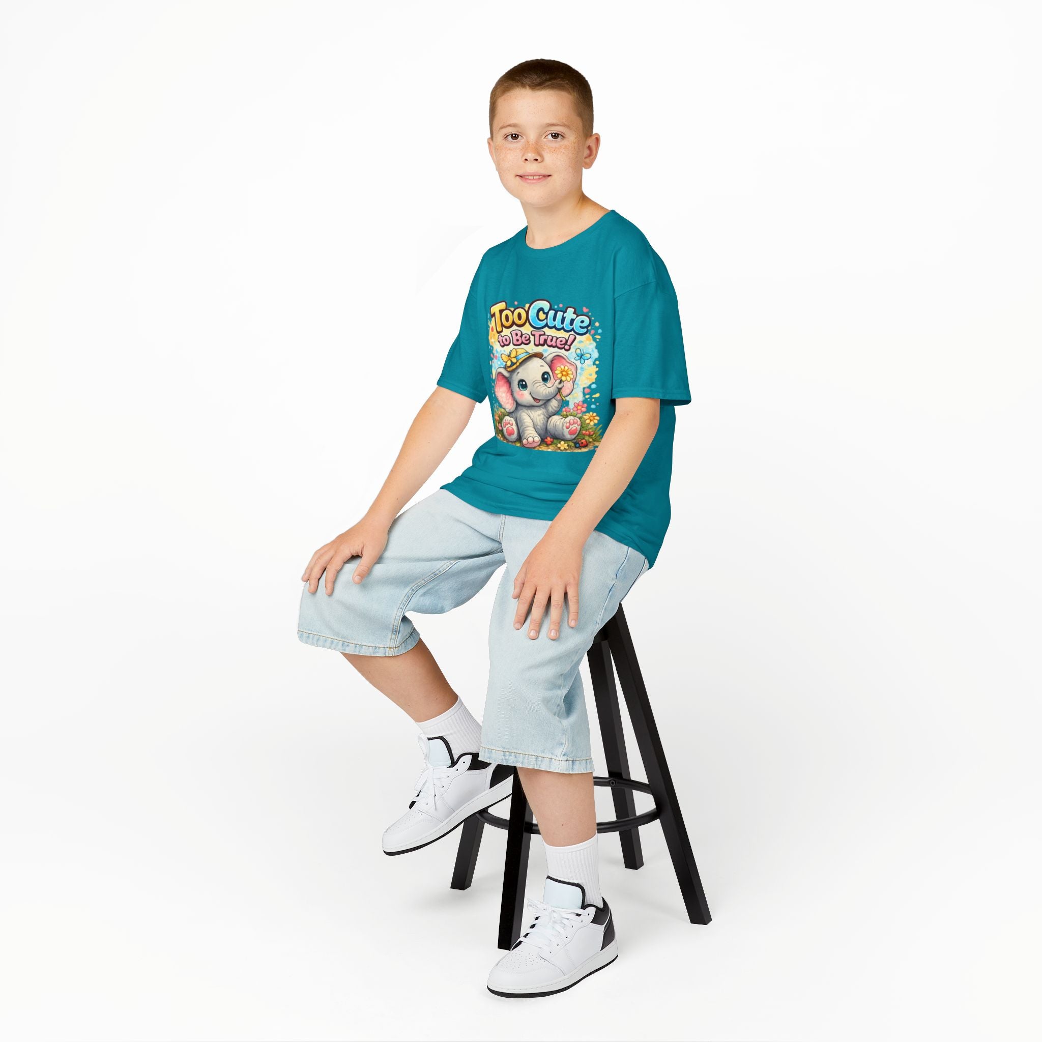 Kids Tee — "Too Cute to Be True" Elephant Graphic
