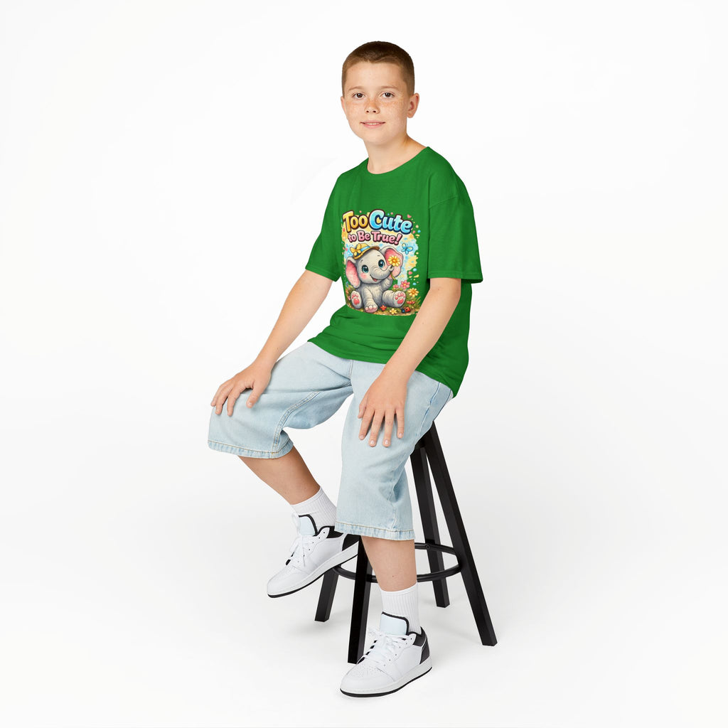 Kids Tee — "Too Cute to Be True" Elephant Graphic