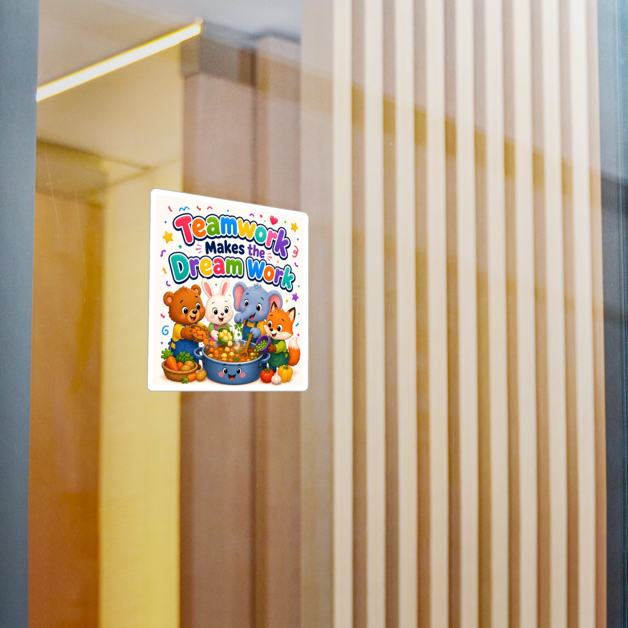 Kiss-Cut Vinyl Decal — "Teamwork Makes the Dream Work" Cute Animal Classroom Sticker