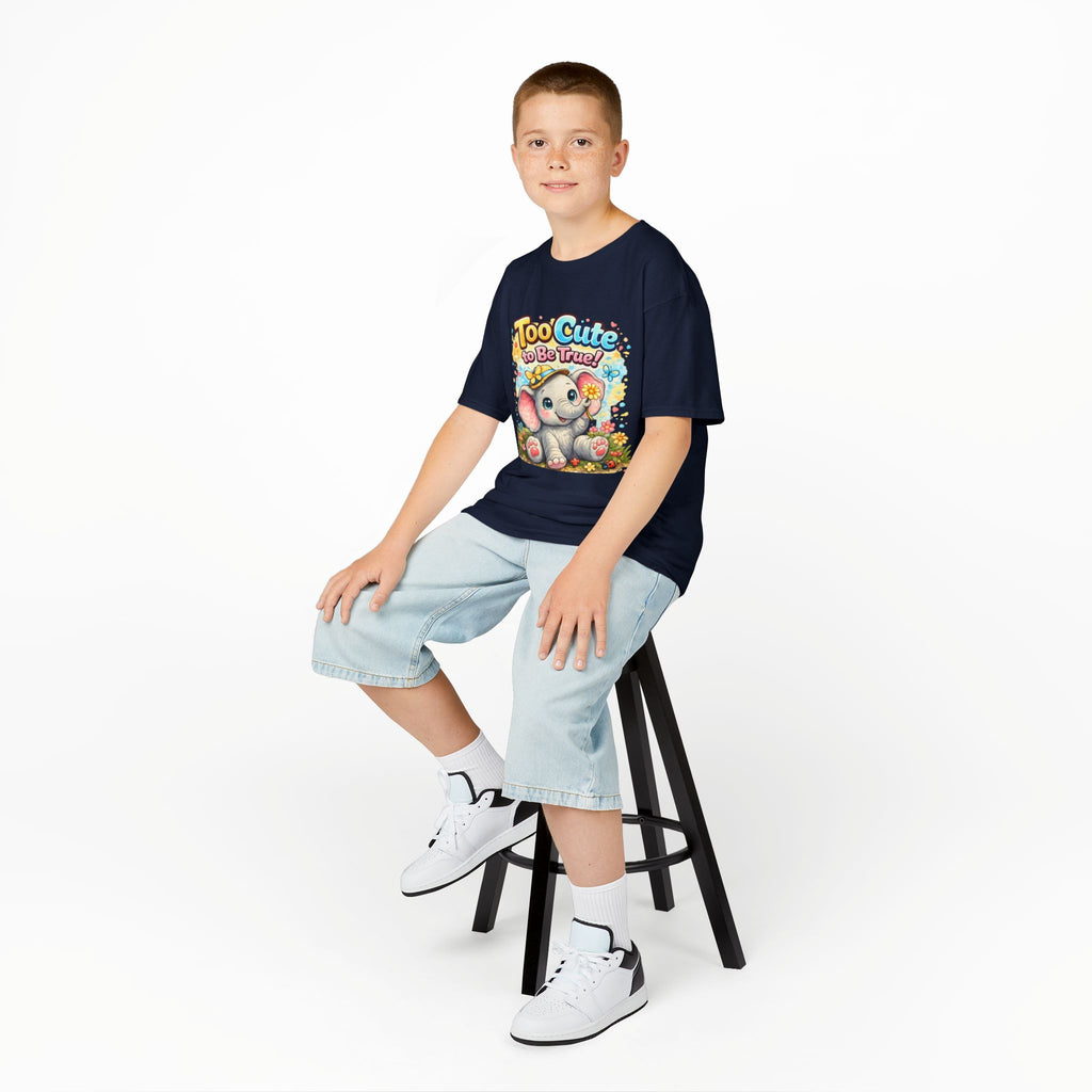 Kids Tee — "Too Cute to Be True" Elephant Graphic