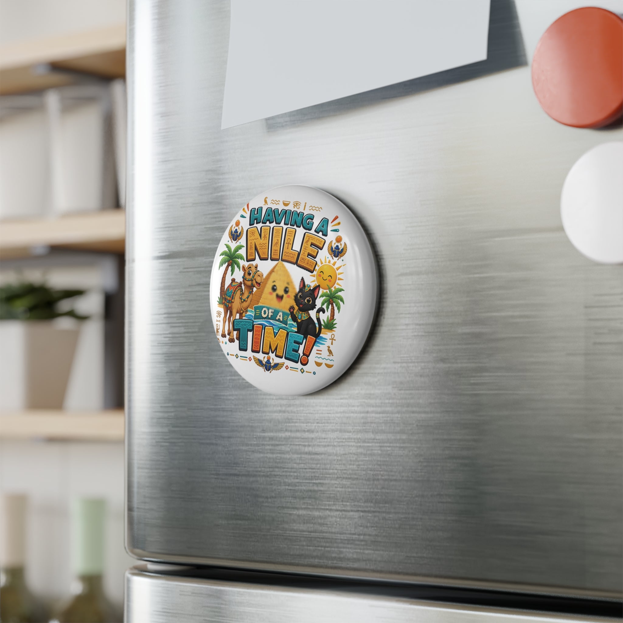 Having a Nile of a Time Button Magnet | Round Egypt Cartoon Design