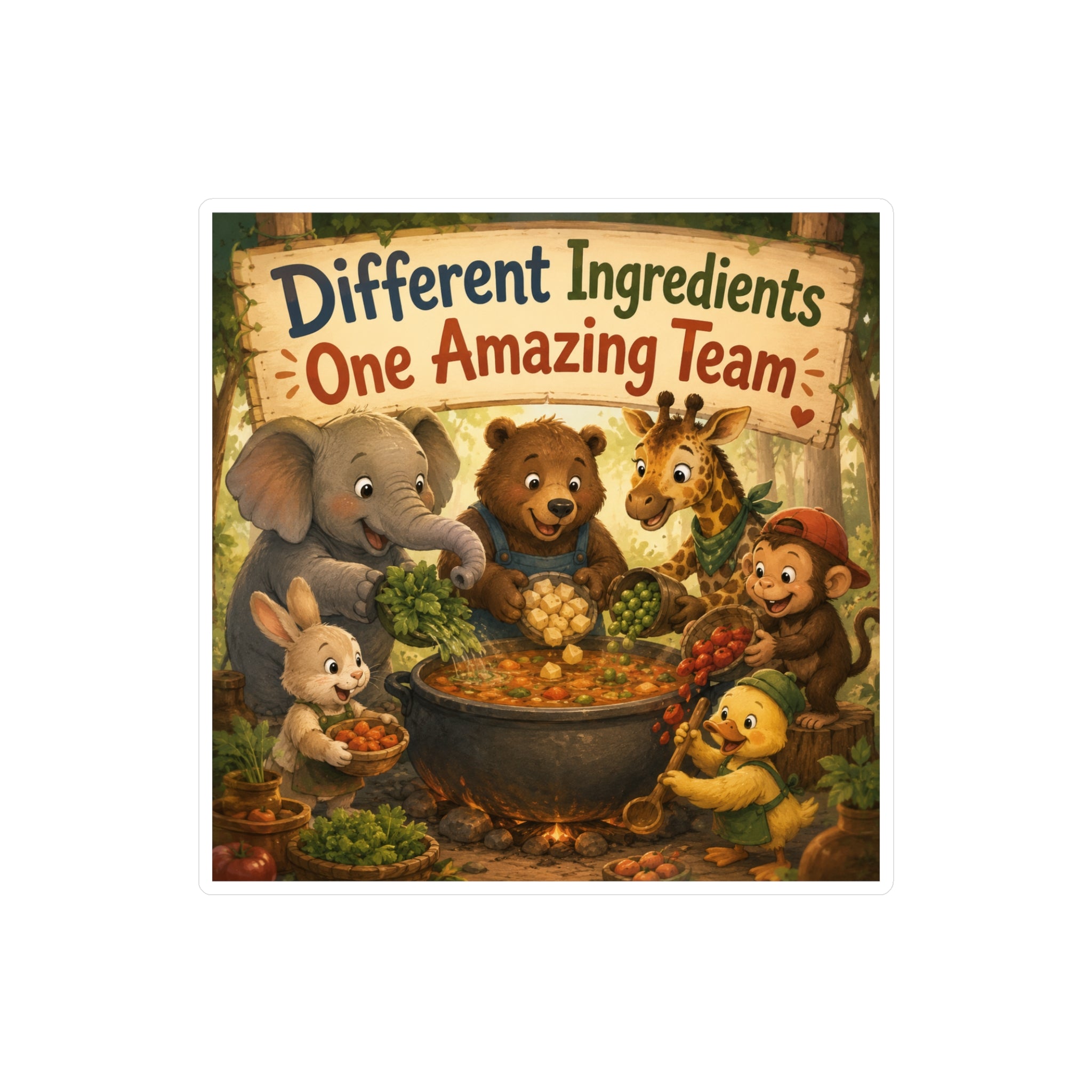 Kiss-Cut Vinyl Sticker — "Different Ingredients One Amazing Team" Cute Woodland Animals Teamwork Decal