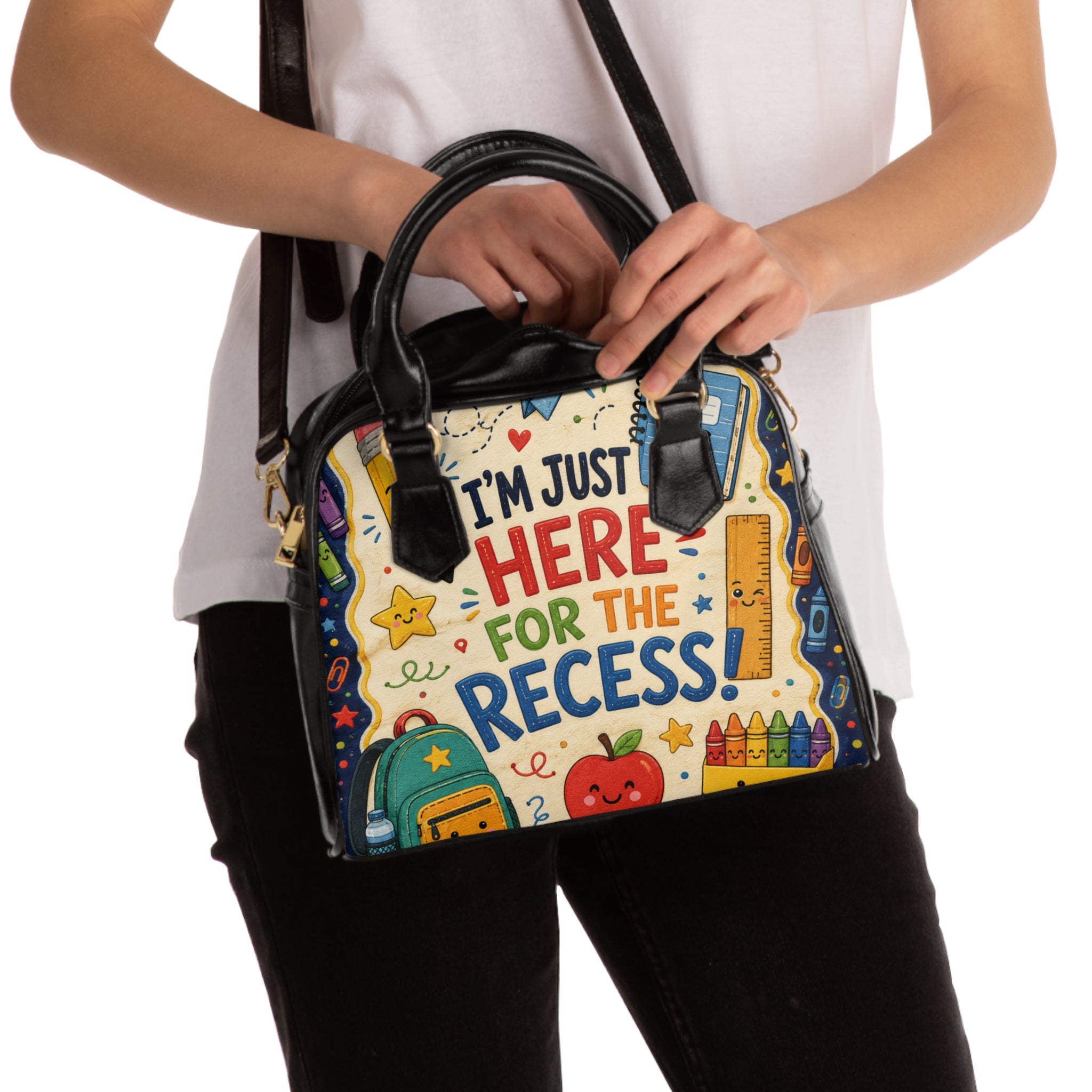 I’m Just Here for the Recess Shoulder Handbag | School Theme, Colorful Kids Design