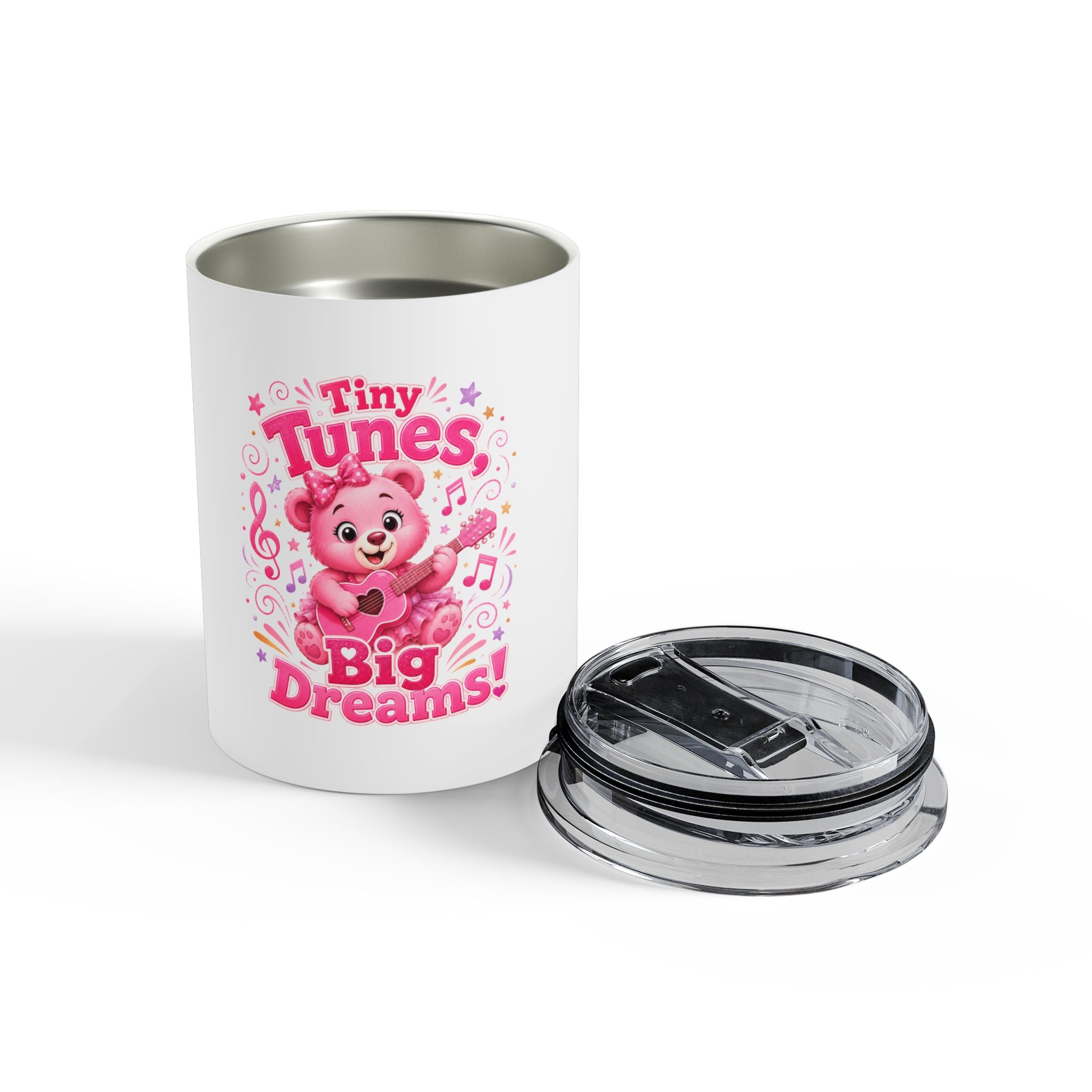 10oz Insulated Tumbler — "Tiny Tunes, Big Dreams" Pink Musical Bear Design