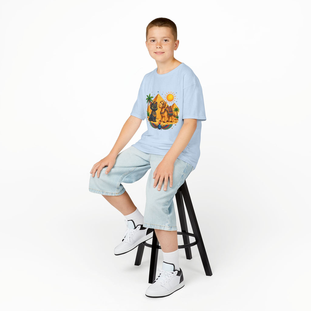 Egyptian Cats and Camel Kids Tee | Pyramid Desert Sun Illustration