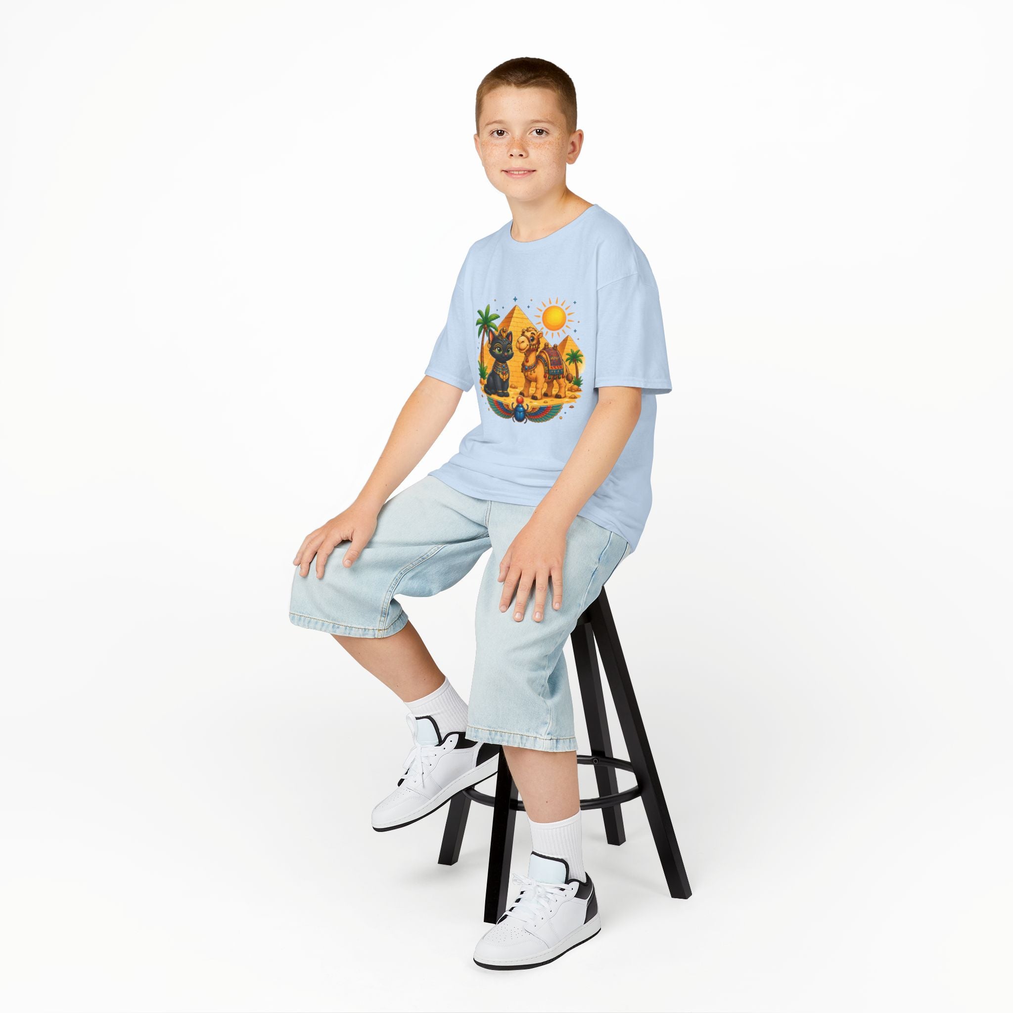 Egyptian Cats and Camel Kids Tee | Pyramid Desert Sun Illustration