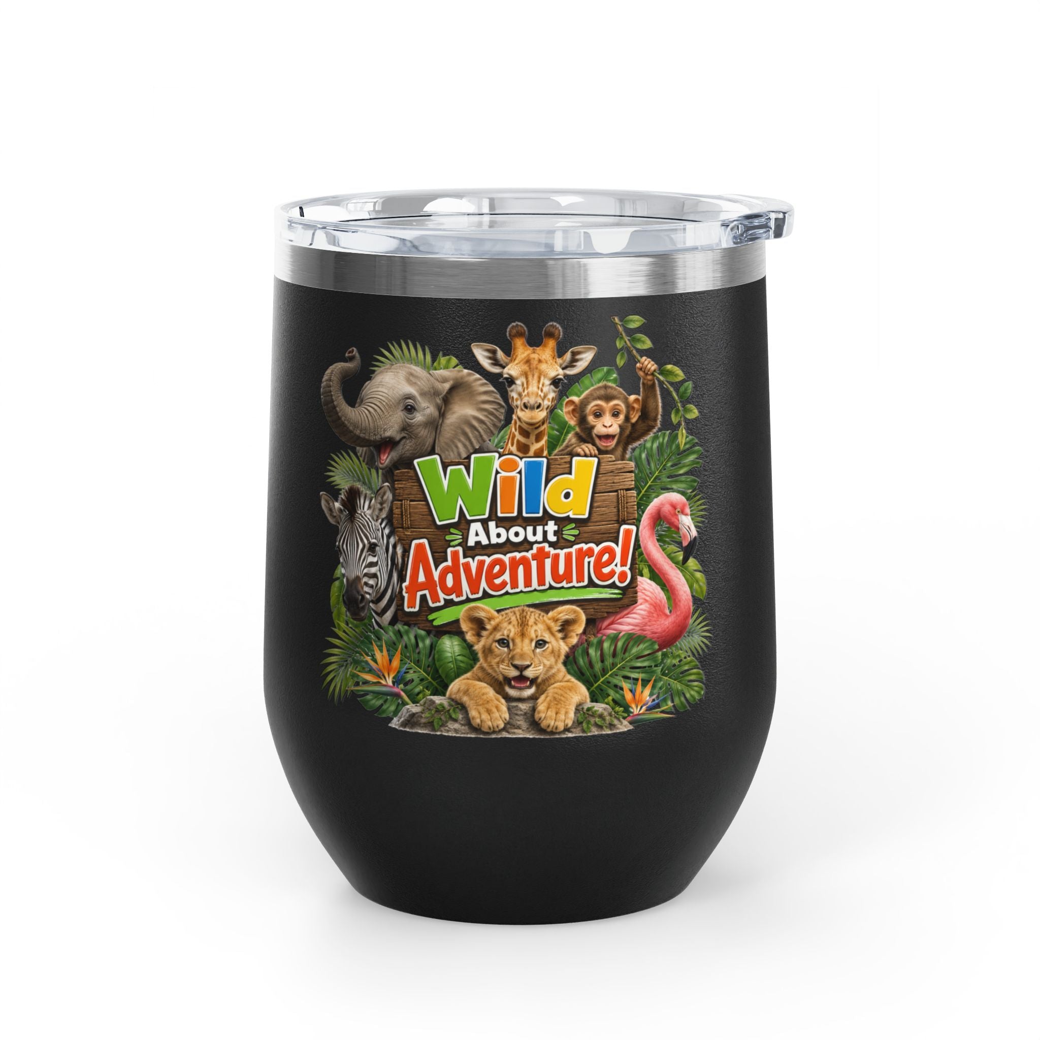 12oz Tumbler — "Wild About Adventure!" Safari Animal Travel Cup