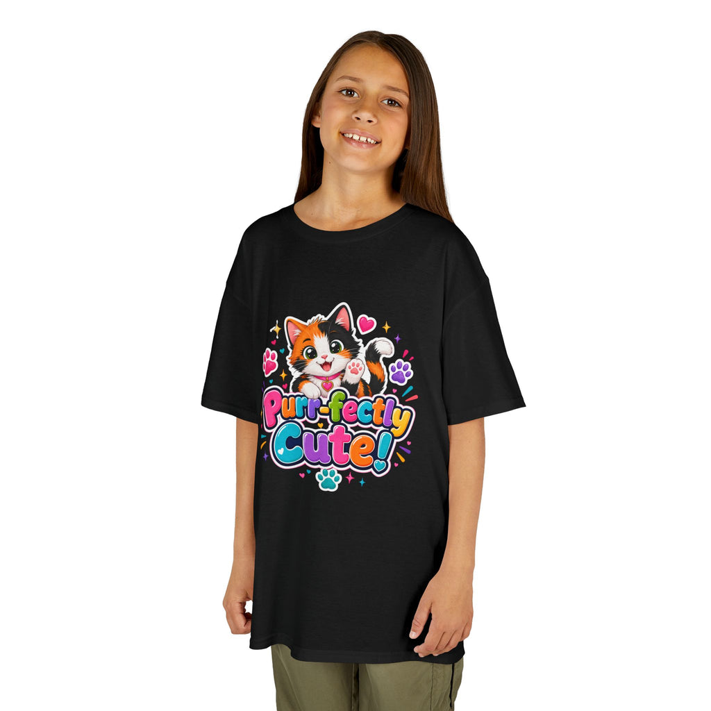 Kids Tee — “Purr-fectly Cute!” Colorful Calico Cat Graphic