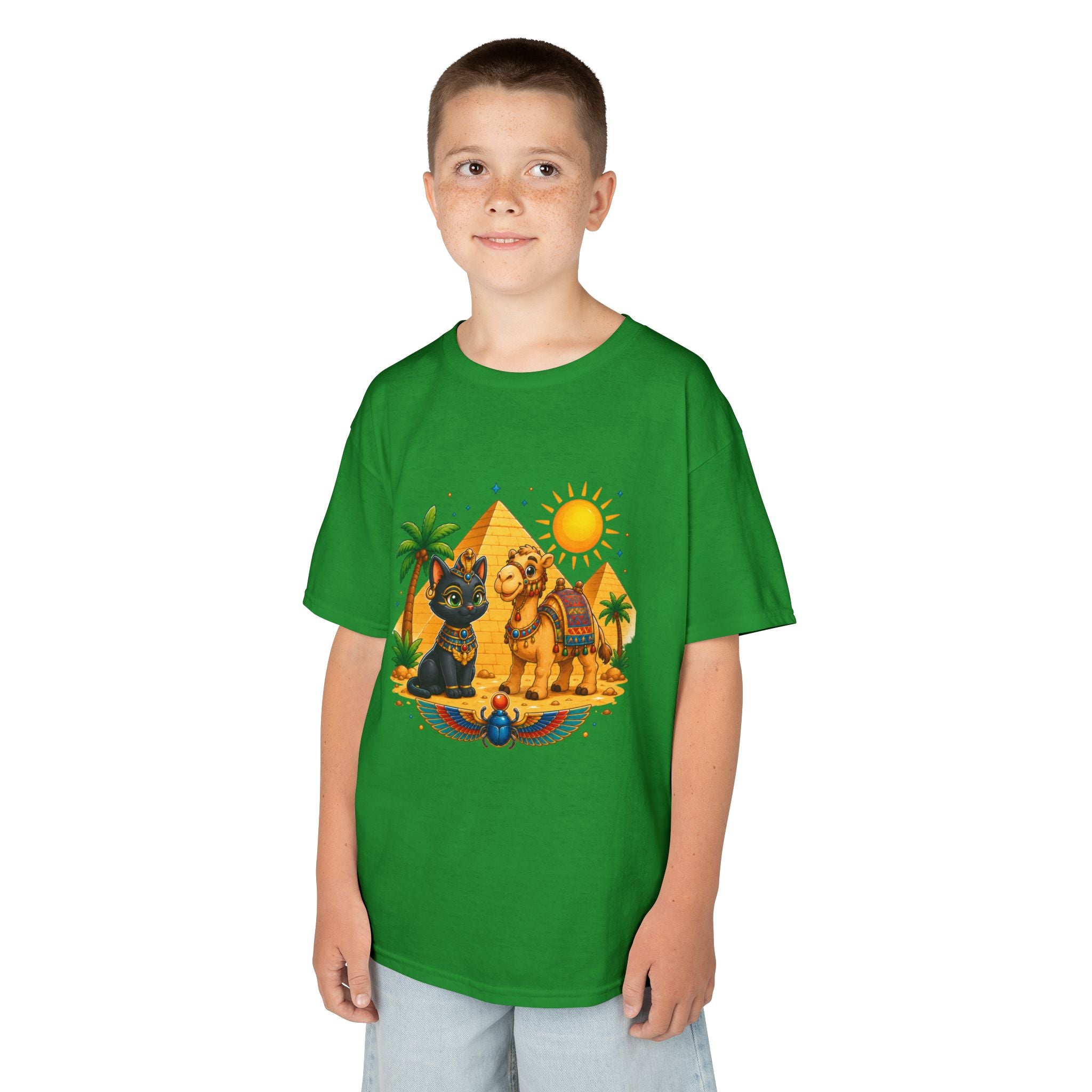 Egyptian Cats and Camel Kids Tee | Pyramid Desert Sun Illustration