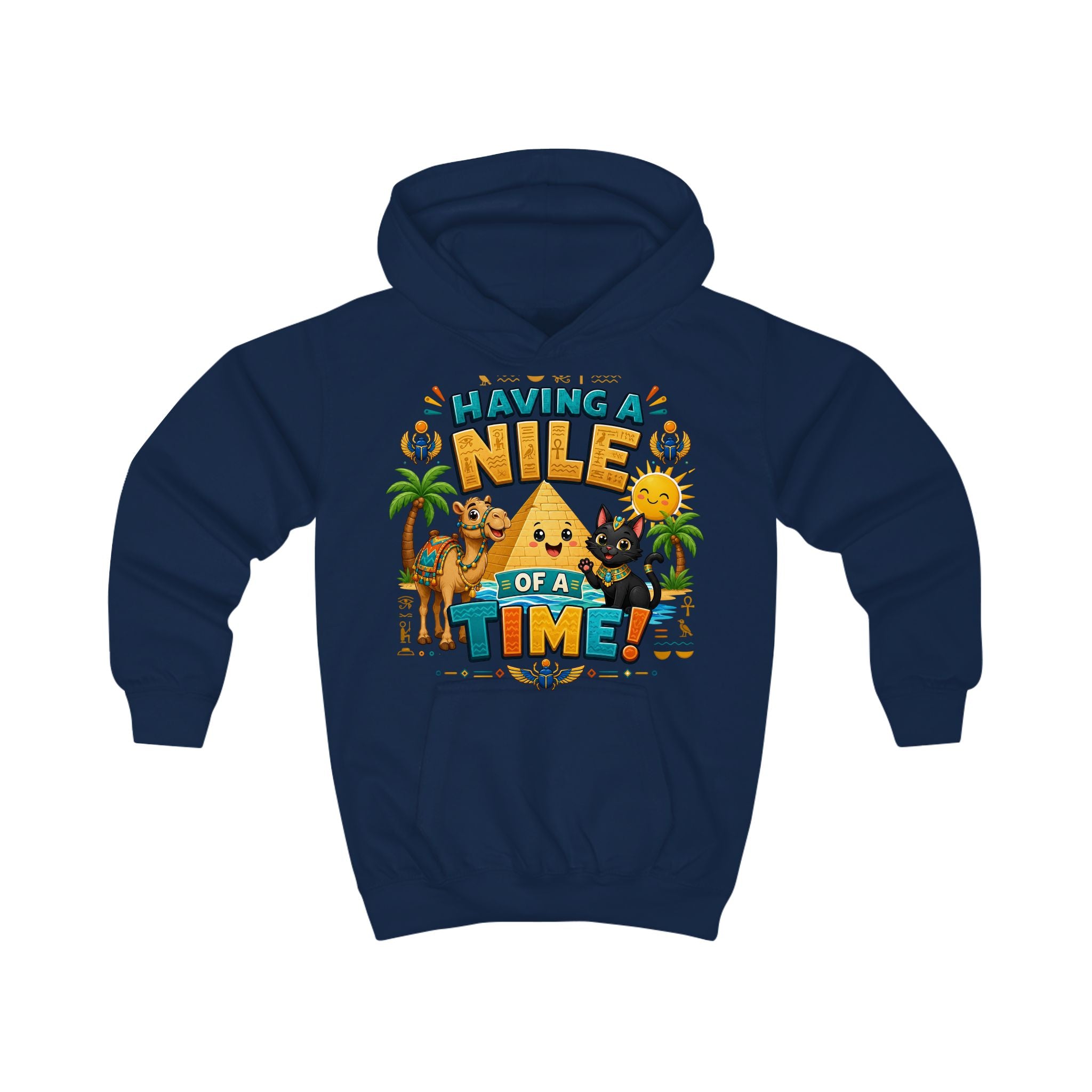Having a Nile of a Time Kids Hoodie | Cute Egyptian Pyramid Cat Cartoon