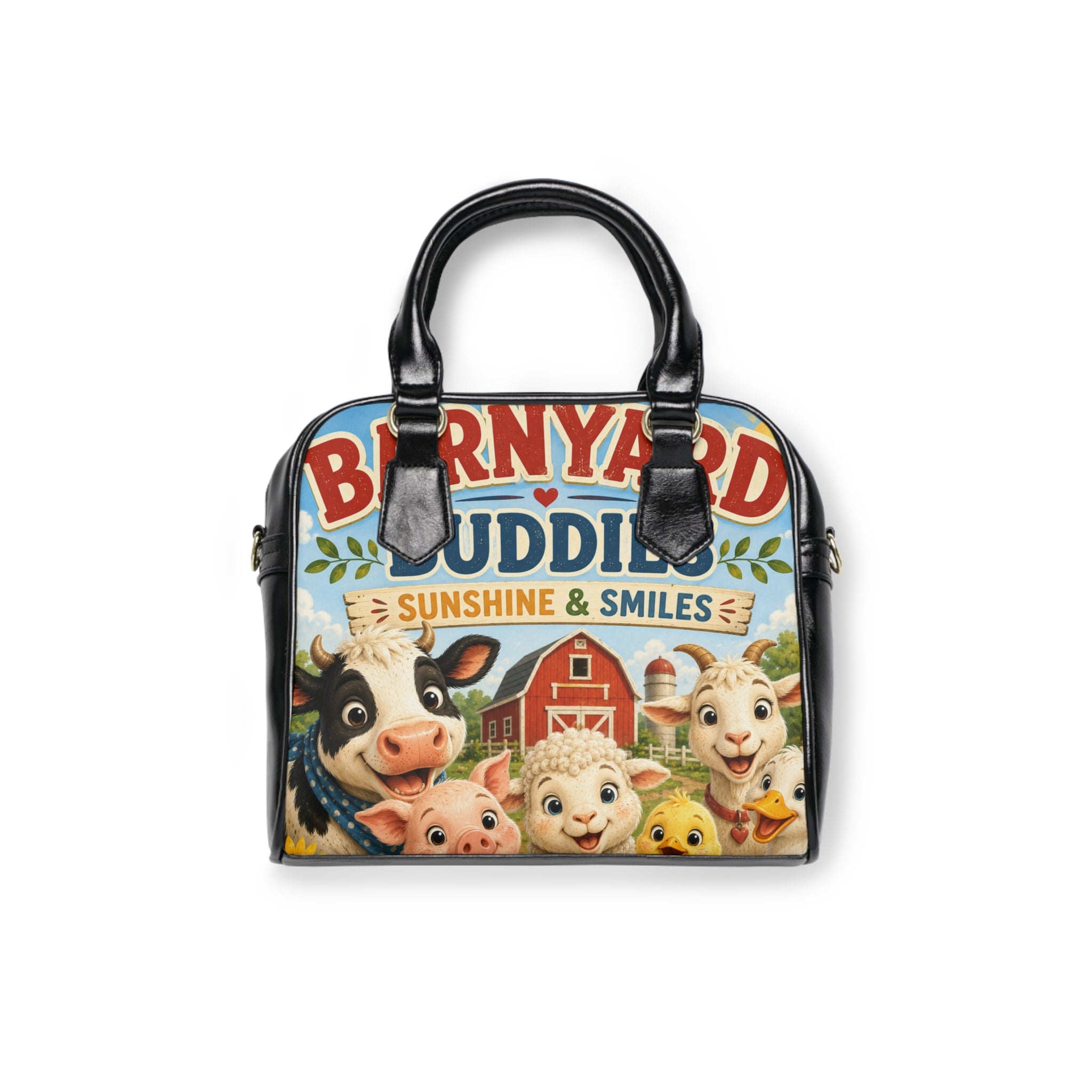 Barnyard Buddies Shoulder Handbag — Cute Farm Animal Tote with 'Sunshine & Smiles' Design
