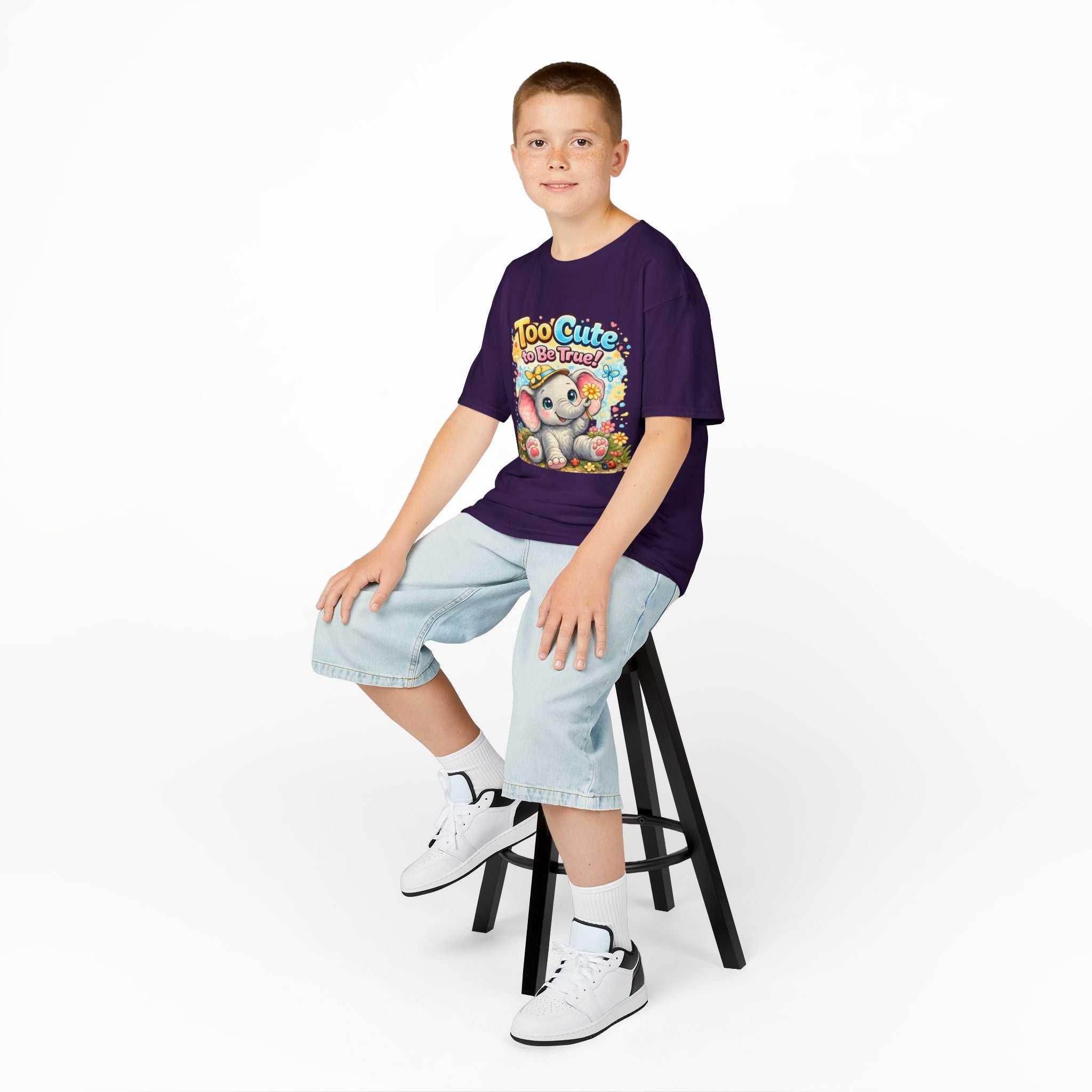 Kids Tee — "Too Cute to Be True" Elephant Graphic
