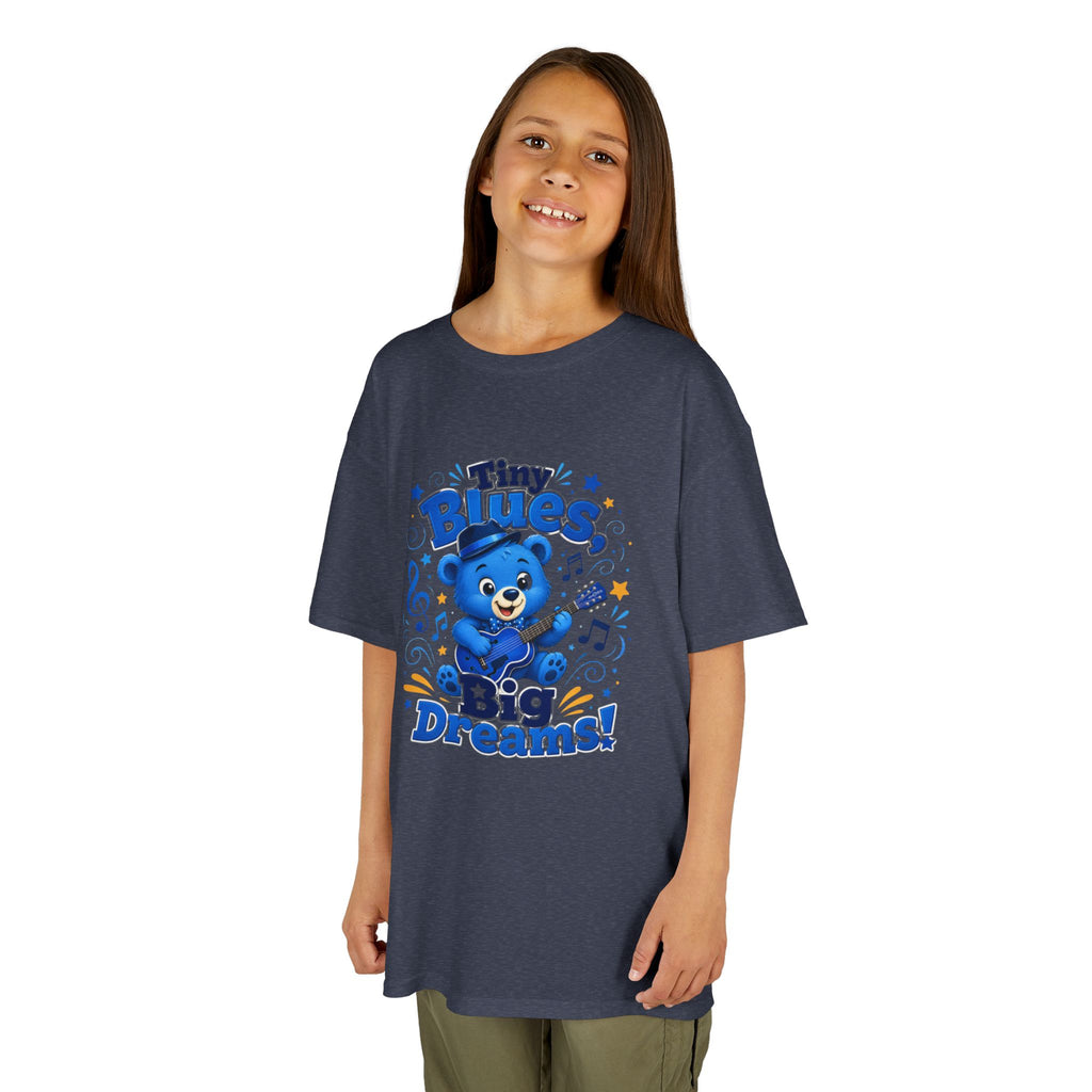 Kids Tee - "Tiny Blues, Big Dreams!" Cute Blue Bear Music Graphic