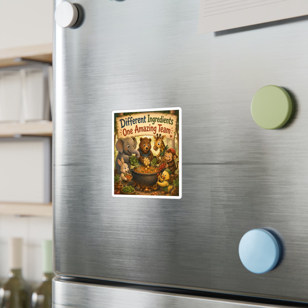 Kiss-Cut Vinyl Sticker — "Different Ingredients One Amazing Team" Cute Woodland Animals Teamwork Decal