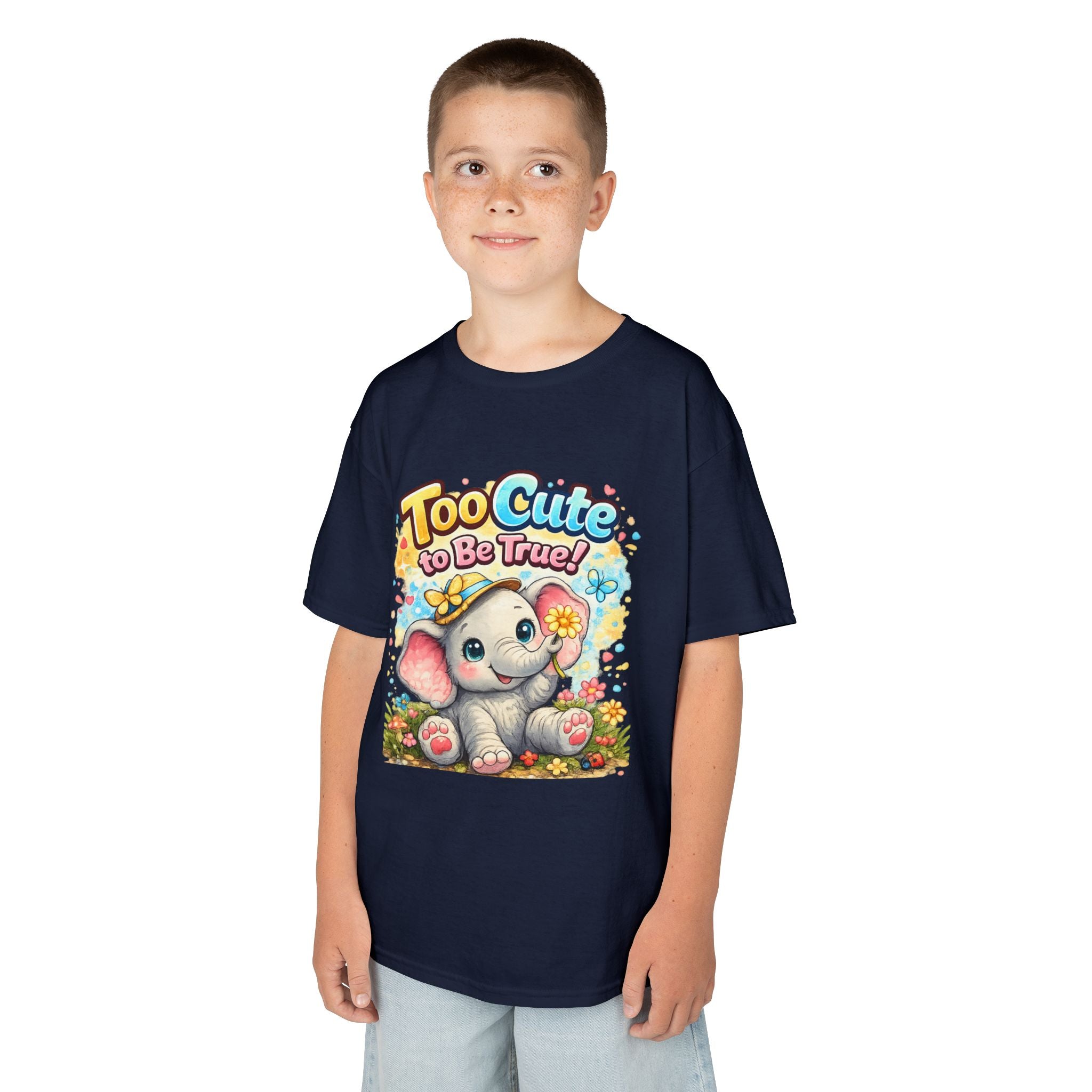 Kids Tee — "Too Cute to Be True" Elephant Graphic