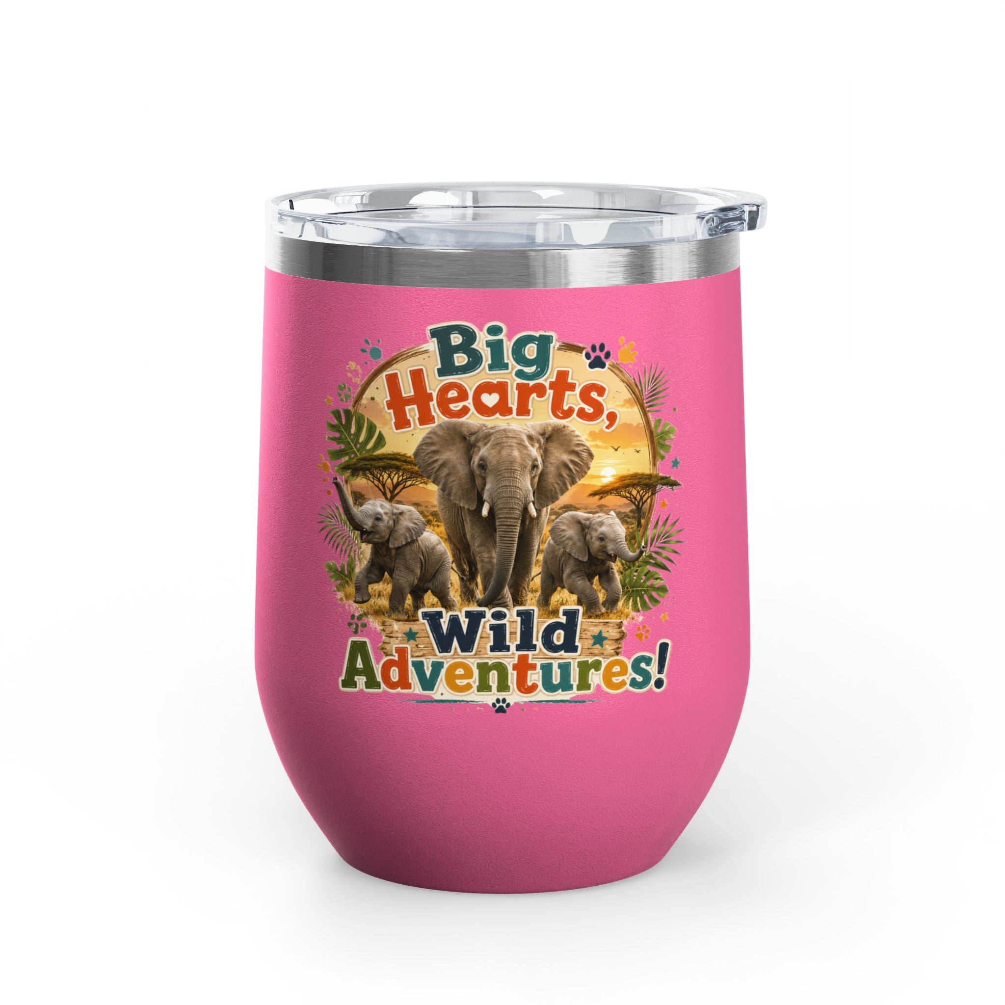 12oz Tumbler — "Big Hearts, Wild Adventures!" Elephant Safari Travel Cup