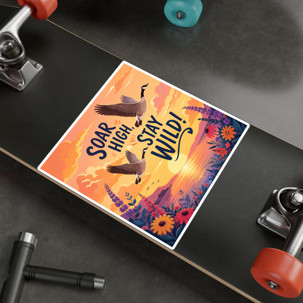 Soar High Stay Wild Vinyl Sticker — Goose Sunset Kiss-Cut Decal