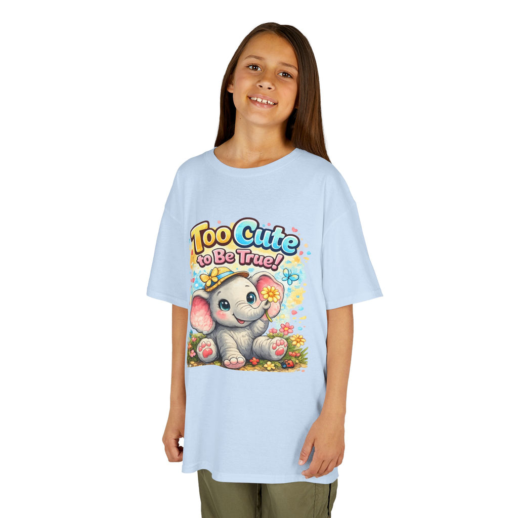Kids Tee — "Too Cute to Be True" Elephant Graphic