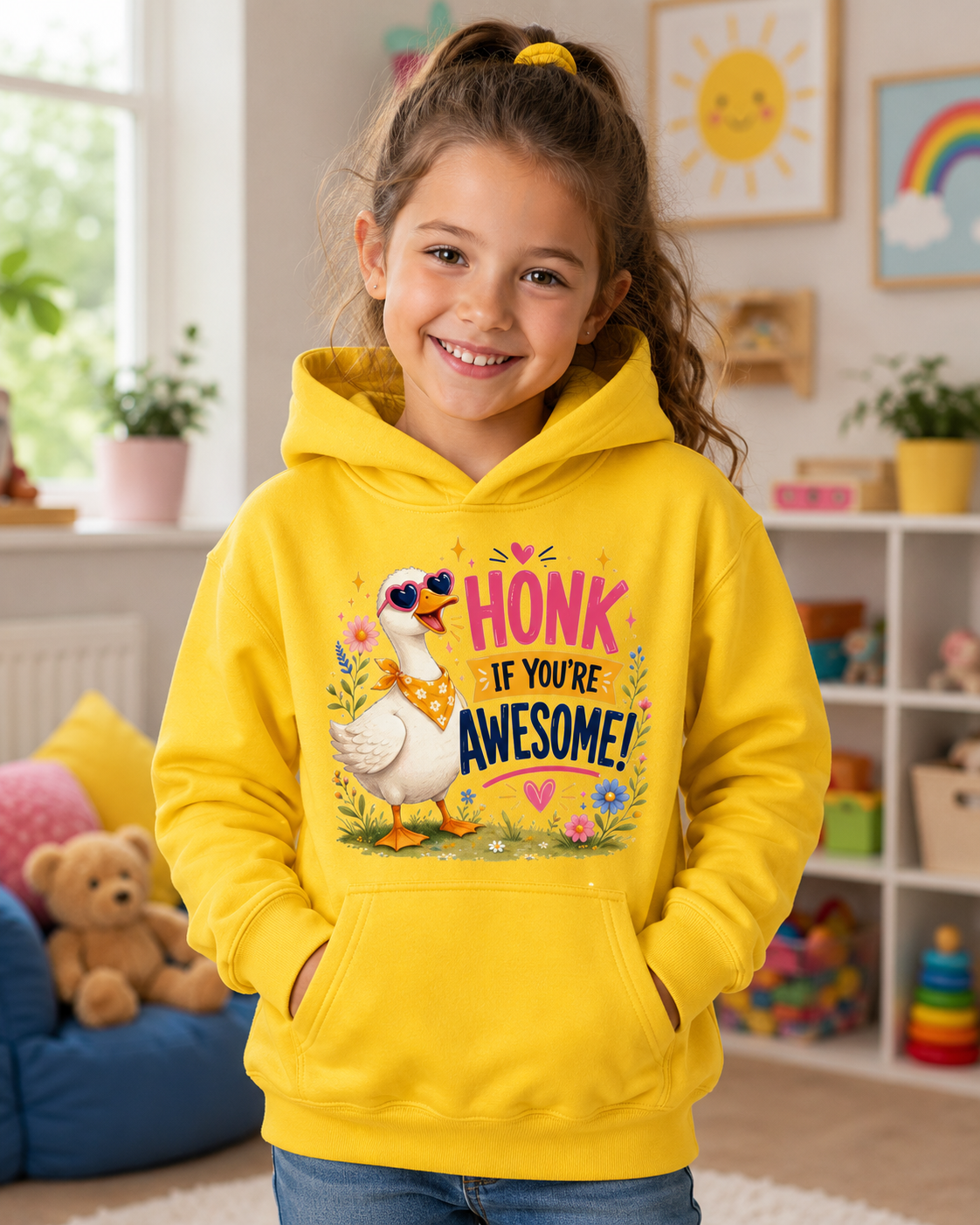 Kids Hoodie — "Honk If You're Awesome" Cute Goose Pullover for Children