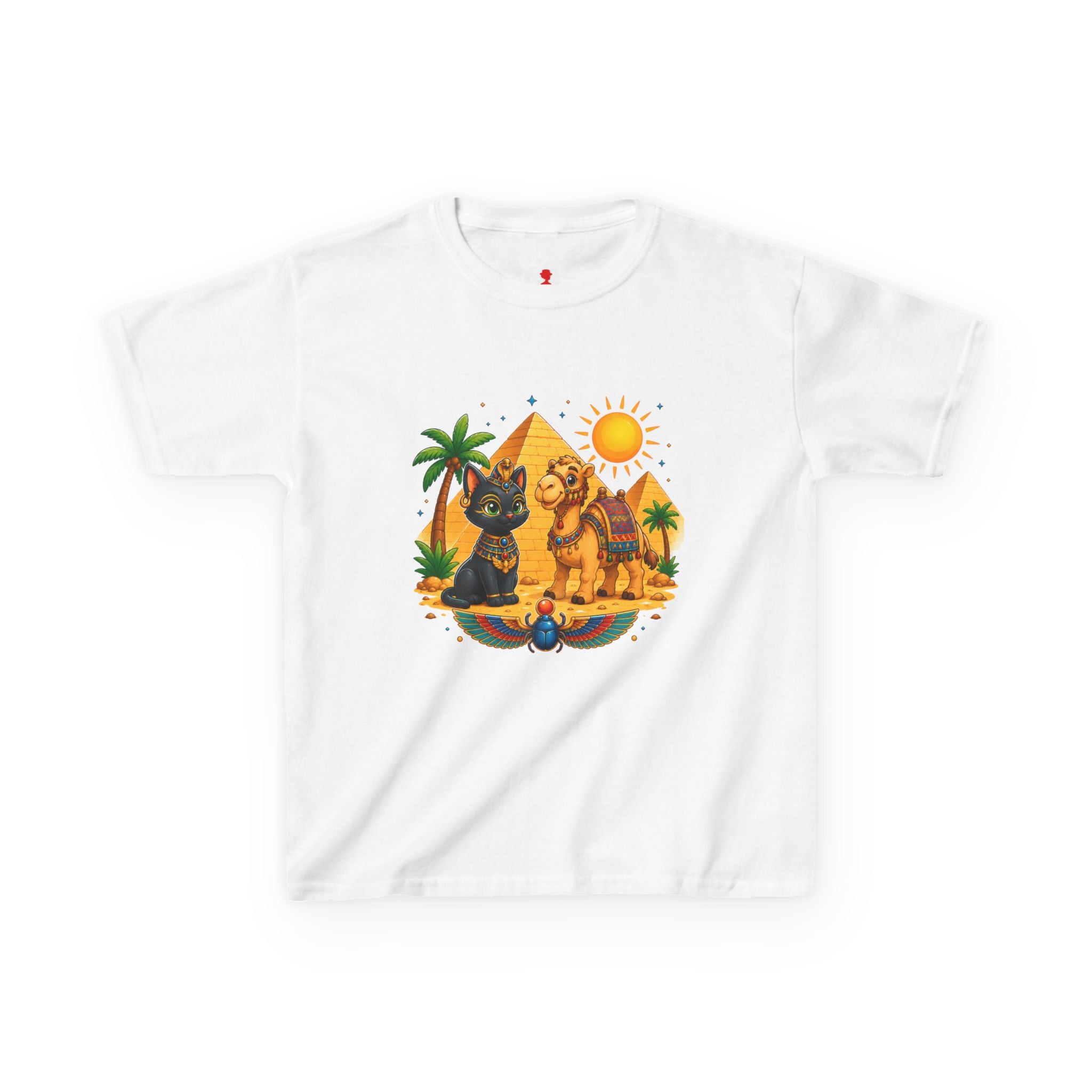Egyptian Cats and Camel Kids Tee | Pyramid Desert Sun Illustration