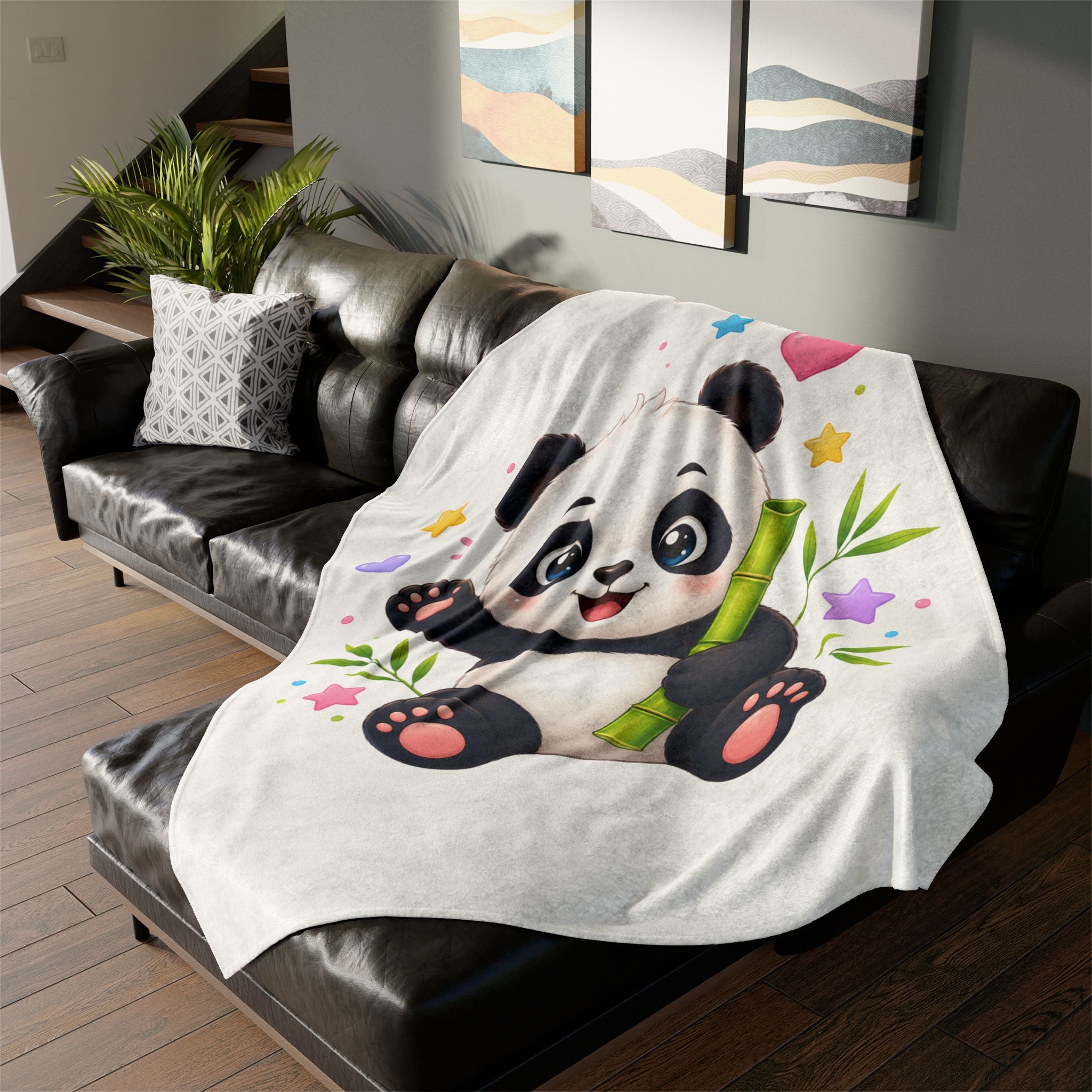Cute Panda Baby Blanket — Soft Polyester Throw with Bamboo & Hearts Design