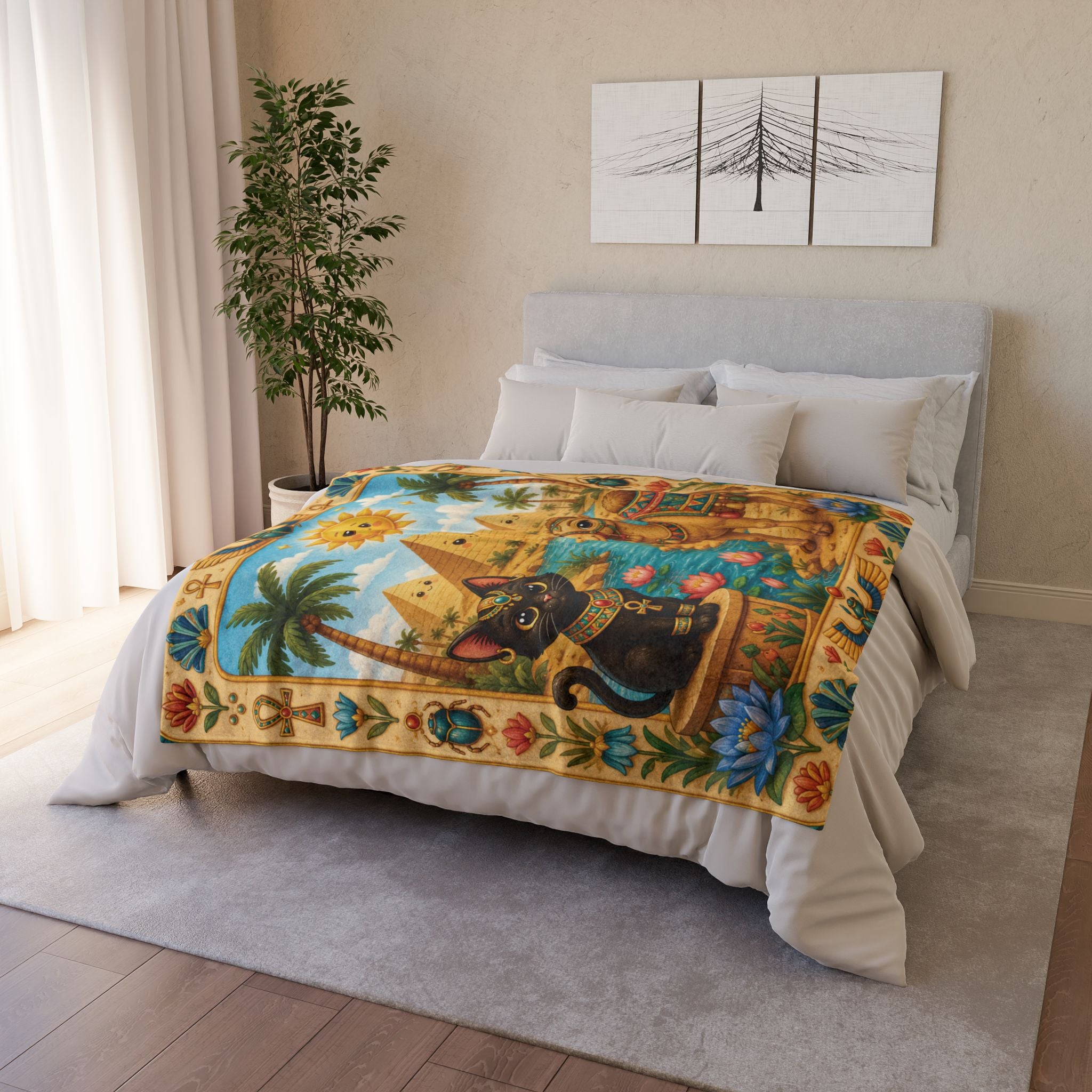 Egyptian Cat and Camel Blanket | Pyramid Sun Retro Egyptian Illustration