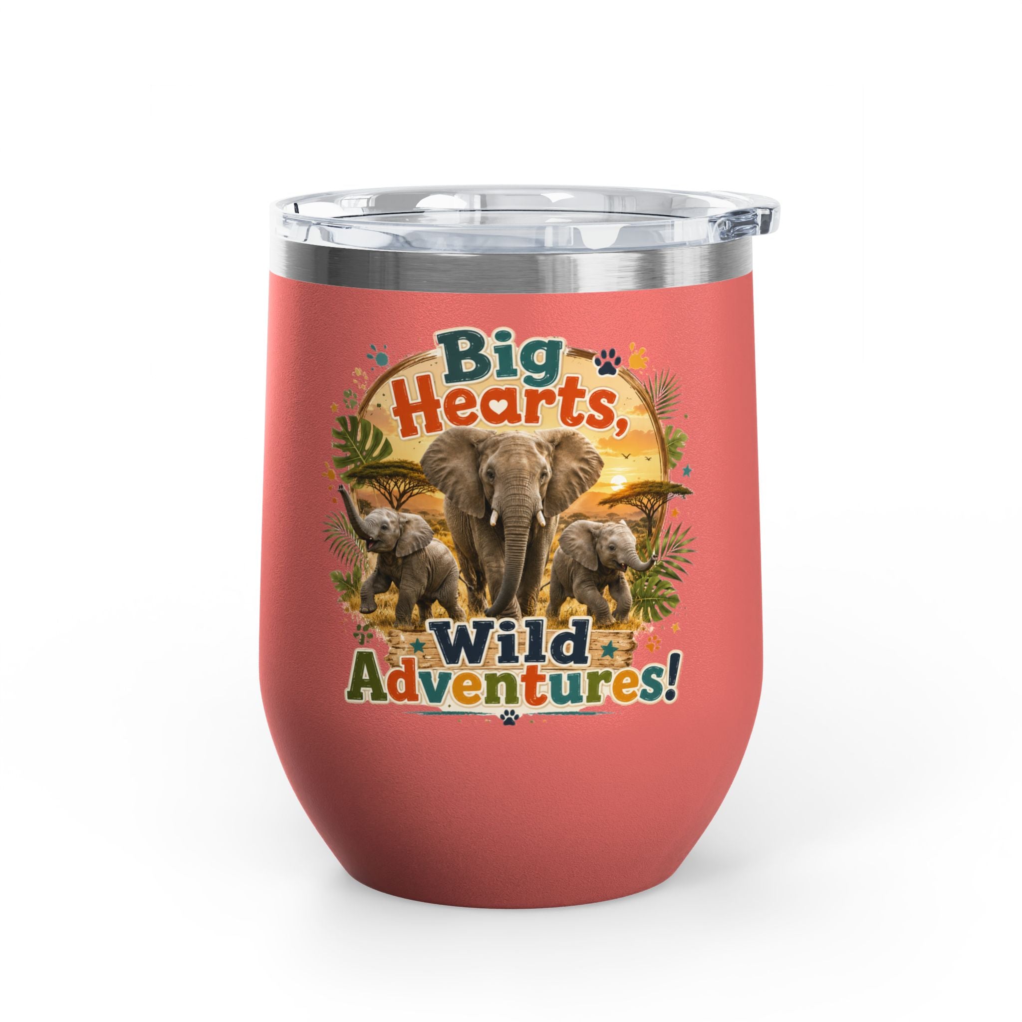 12oz Tumbler — "Big Hearts, Wild Adventures!" Elephant Safari Travel Cup