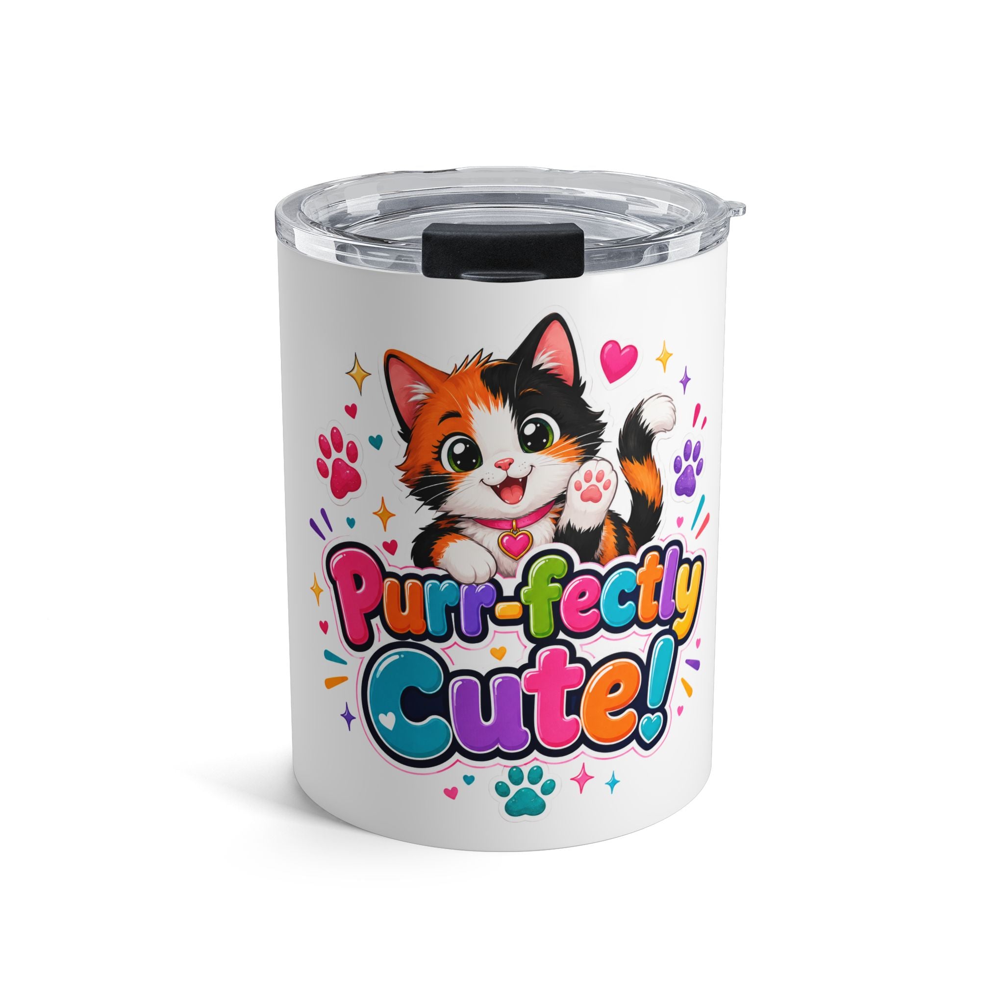 10oz Tumbler — "Purr-fectly Cute" Calico Cat Travel Cup