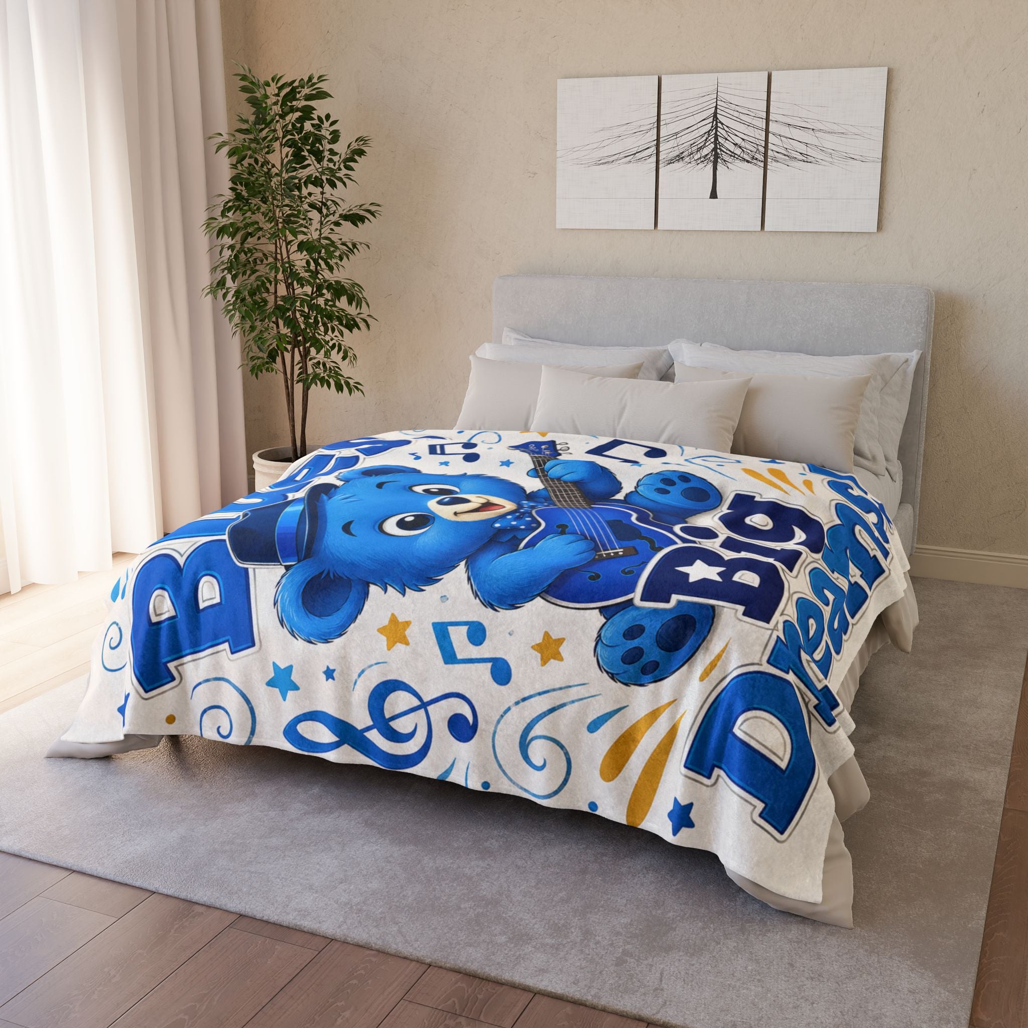 Tiny Blues Bear Plush Throw Blanket — "Tiny Blues Big Dreams" Baby Nursery Gift