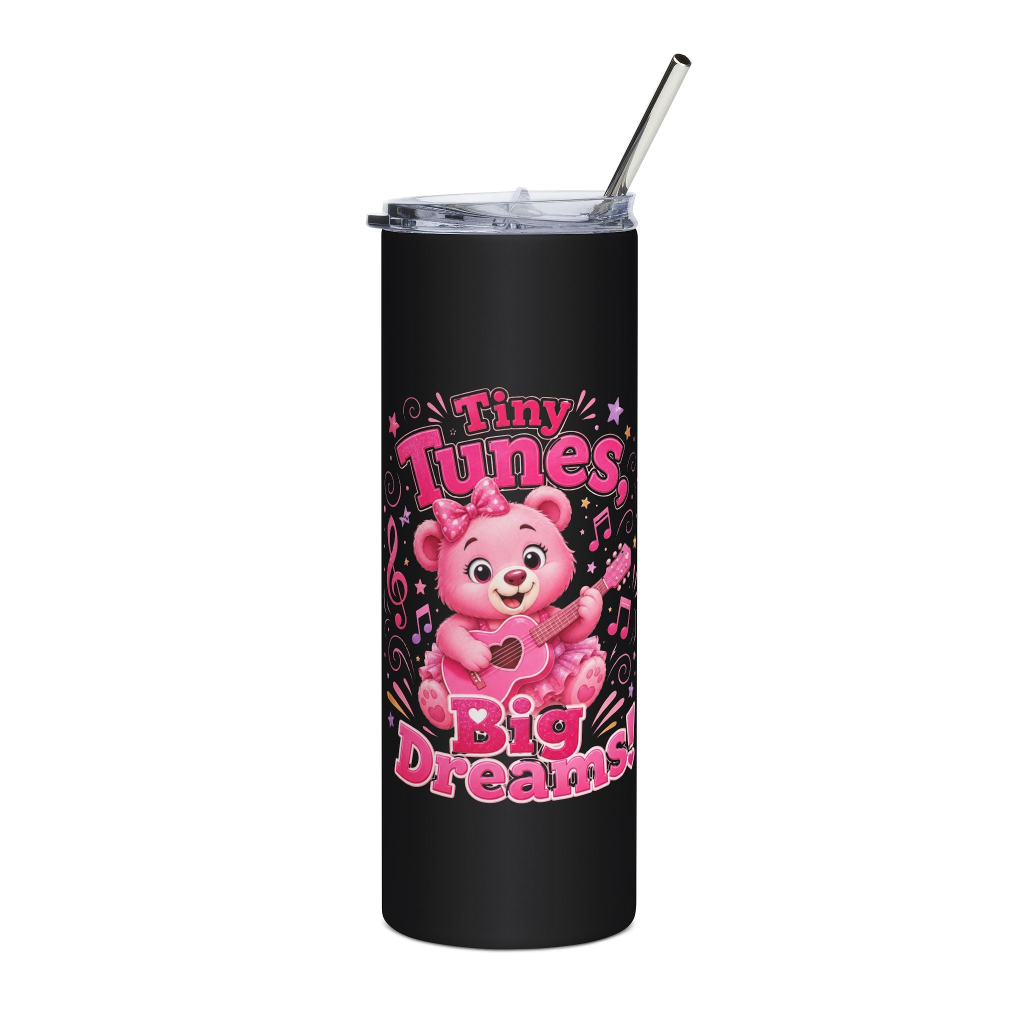Tumbler — "Tiny Tunes, Big Dreams" Pink Bear 20oz Stainless Steel Travel Cup