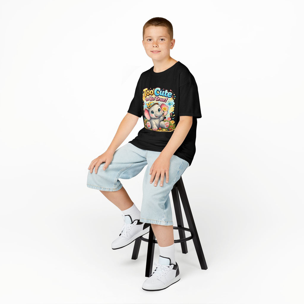 Kids Tee — "Too Cute to Be True" Elephant Graphic