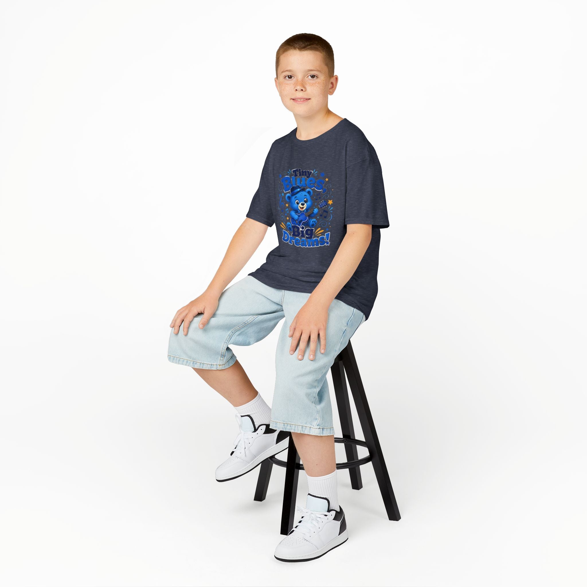 Kids Tee - "Tiny Blues, Big Dreams!" Cute Blue Bear Music Graphic