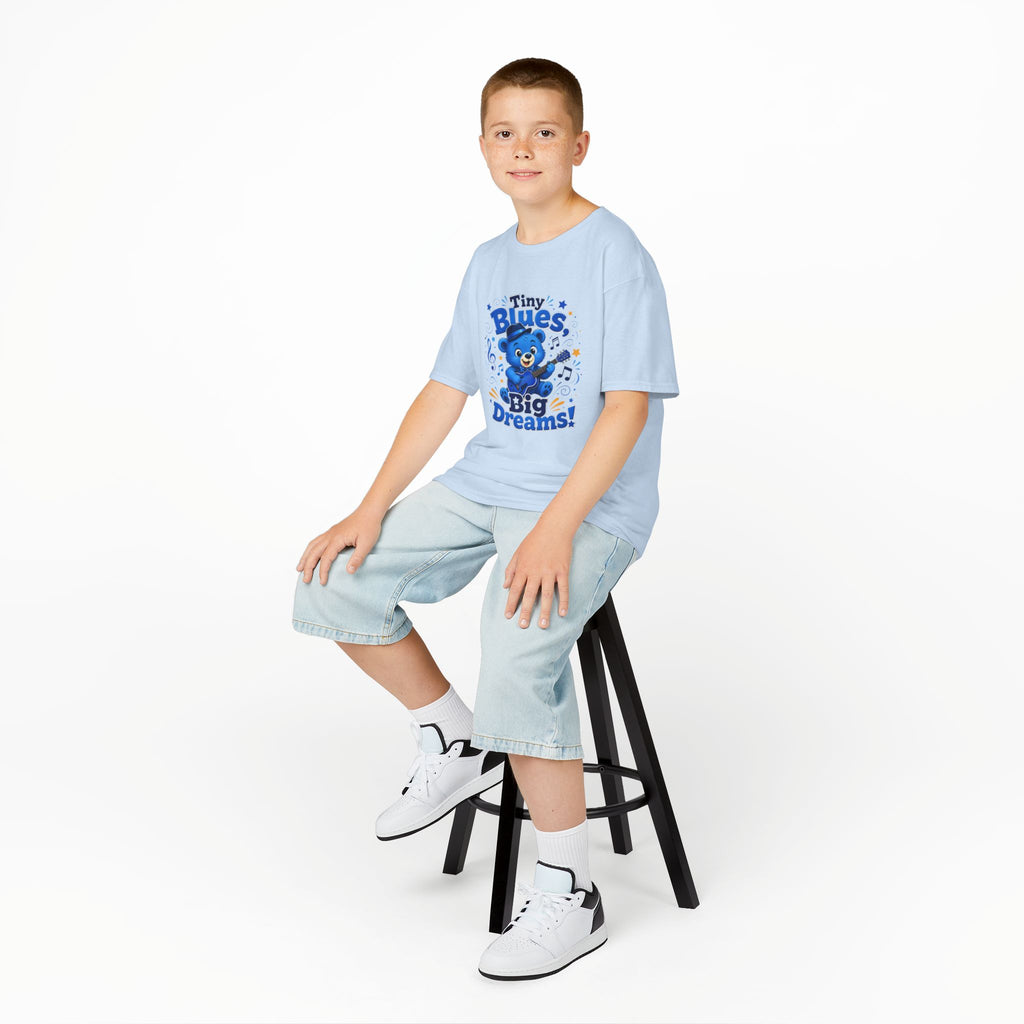 Kids Tee - "Tiny Blues, Big Dreams!" Cute Blue Bear Music Graphic