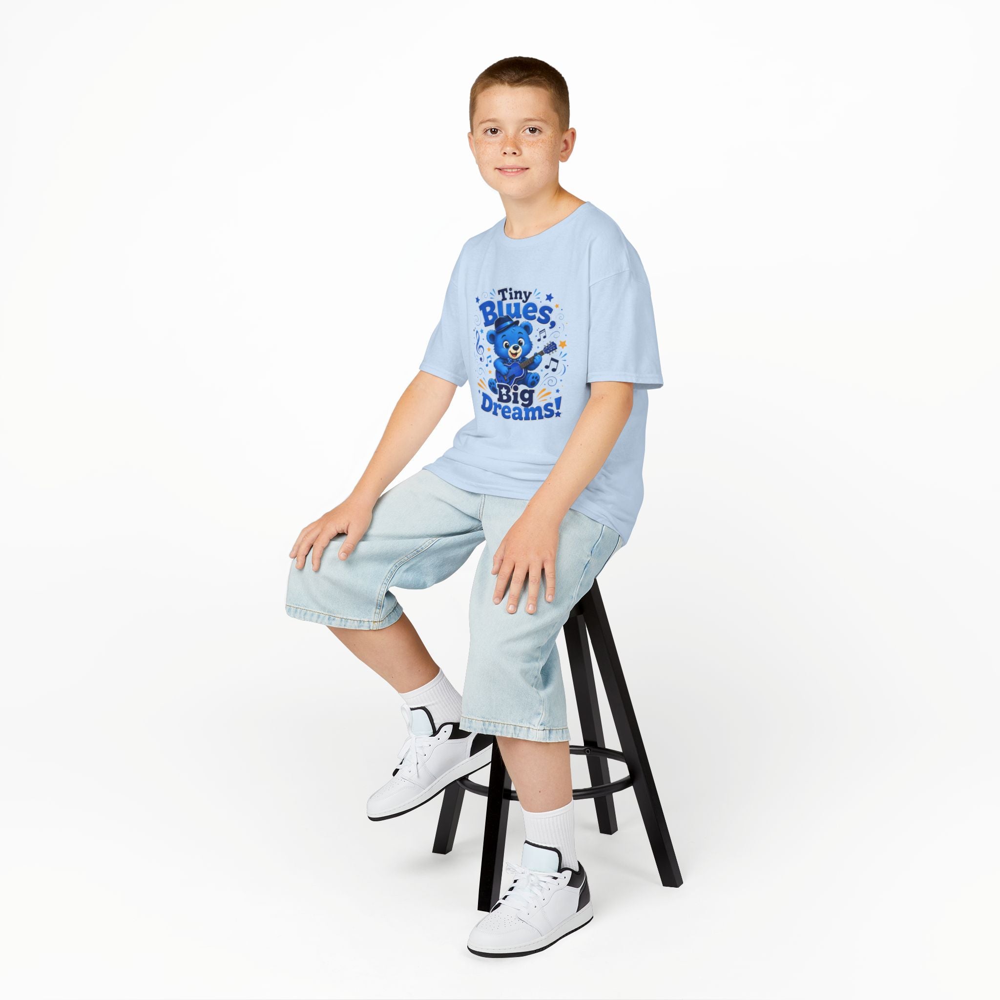 Kids Tee - "Tiny Blues, Big Dreams!" Cute Blue Bear Music Graphic