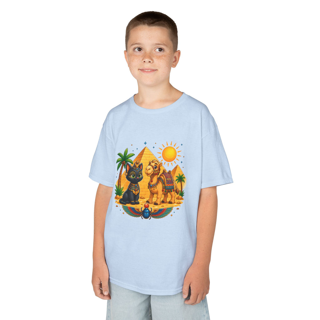 Egyptian Cats and Camel Kids Tee | Pyramid Desert Sun Illustration