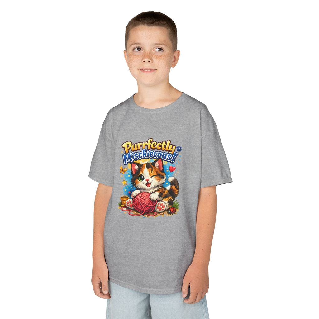 Kids T-Shirt — "Purrfectly Mischievous" Cute Kitten Playing with Yarn