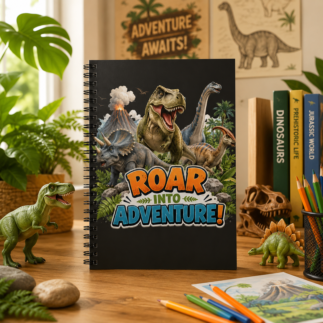 Dinosaur 'Roar Into Adventure!' Spiral Notebook — Ruled Journal for Kids