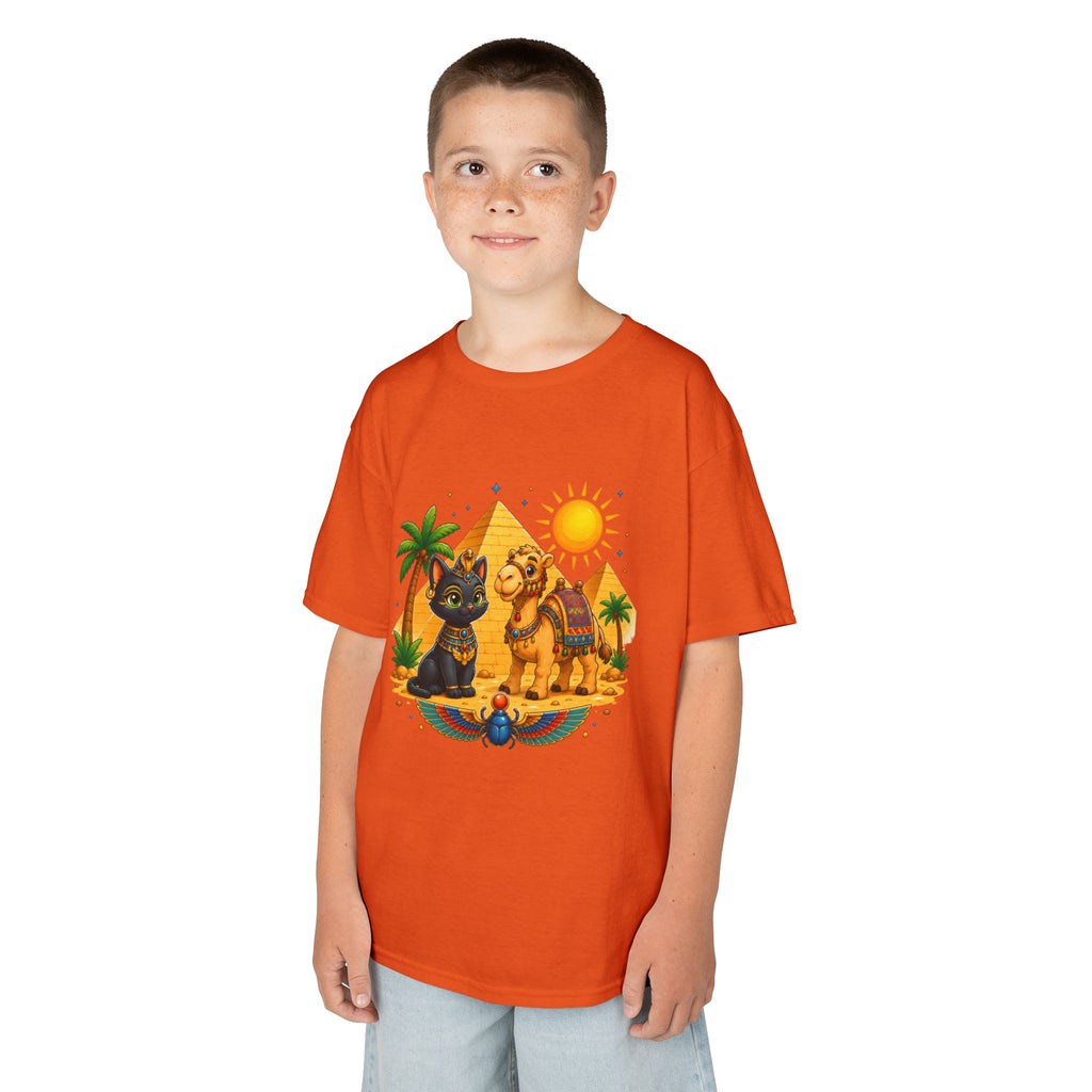 Egyptian Cats and Camel Kids Tee | Pyramid Desert Sun Illustration