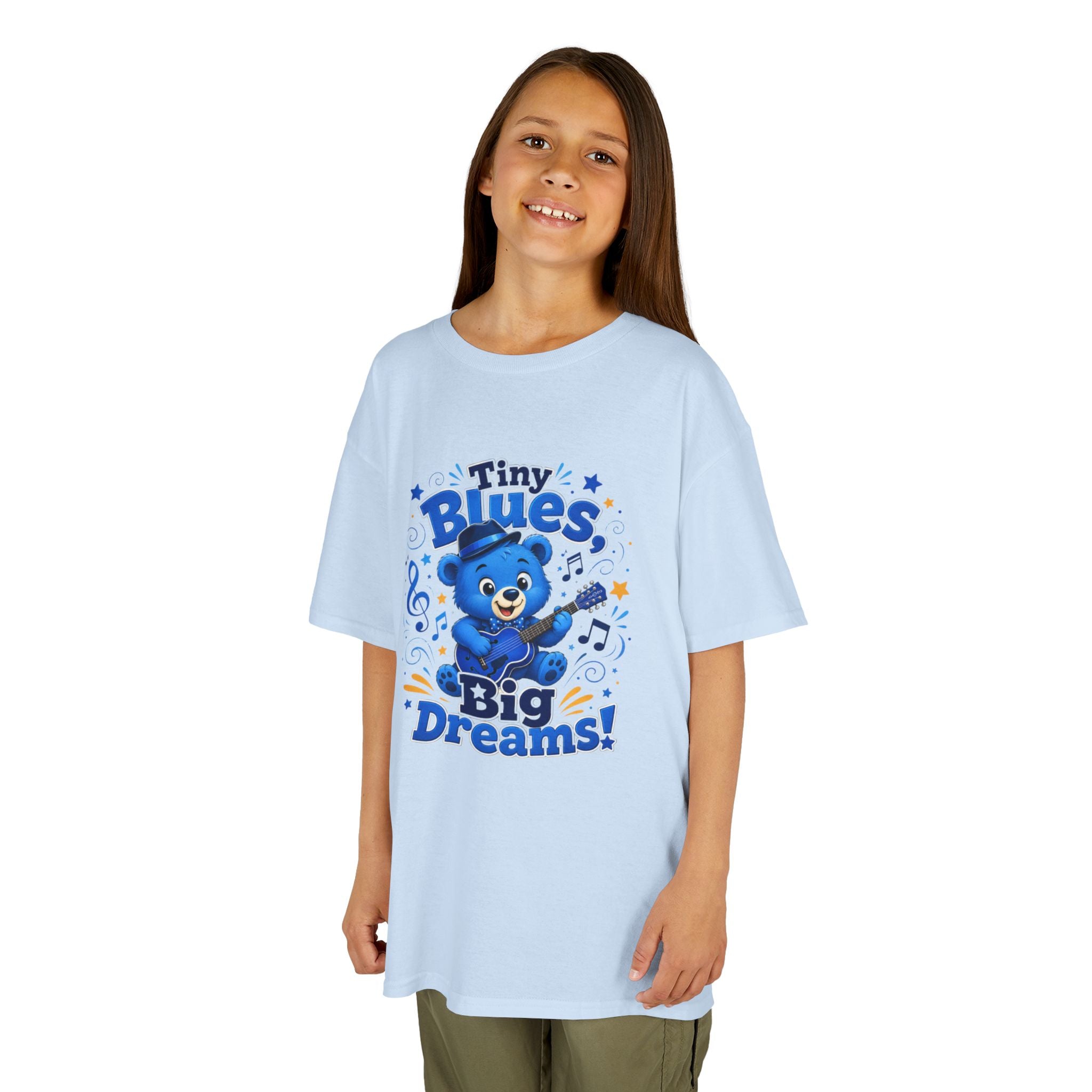 Kids Tee - "Tiny Blues, Big Dreams!" Cute Blue Bear Music Graphic