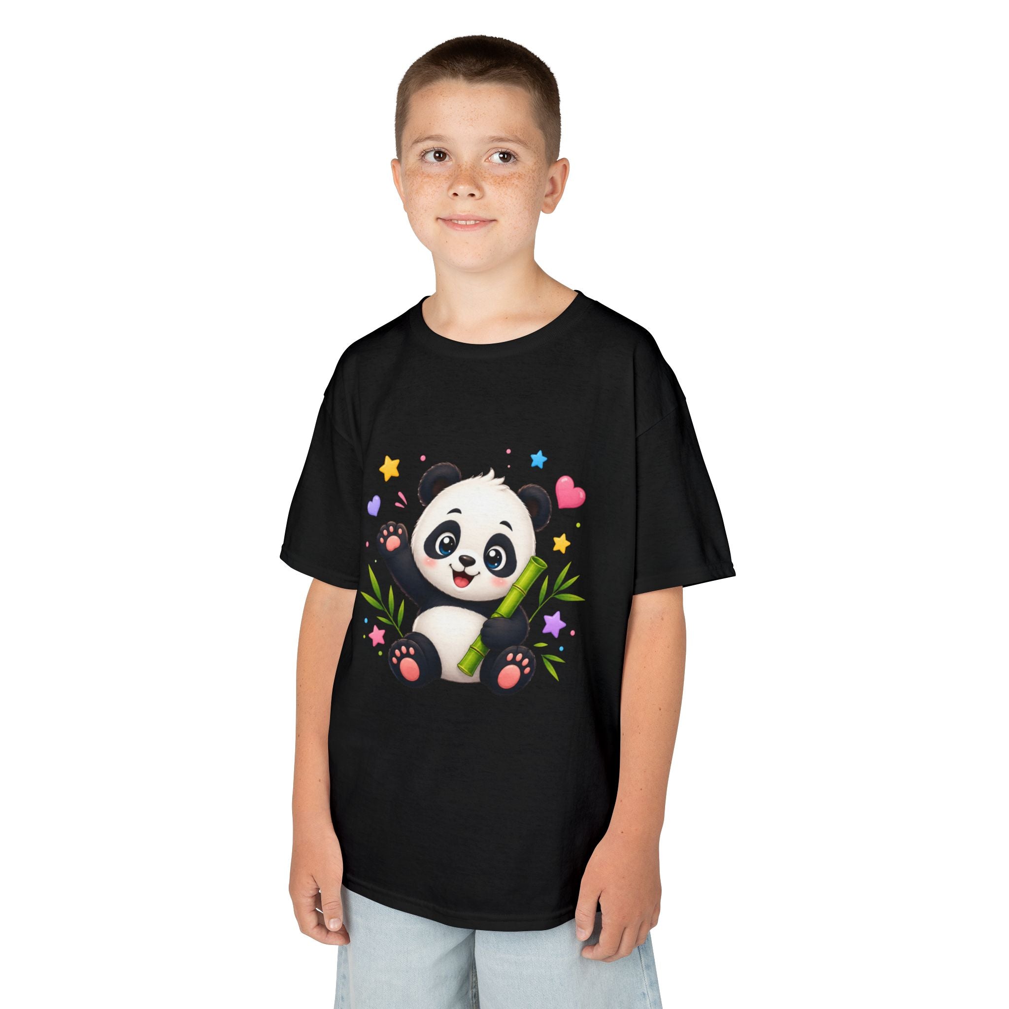 Cute Panda Kids T‑Shirt — Smiling Baby Panda with Hearts & Bamboo
