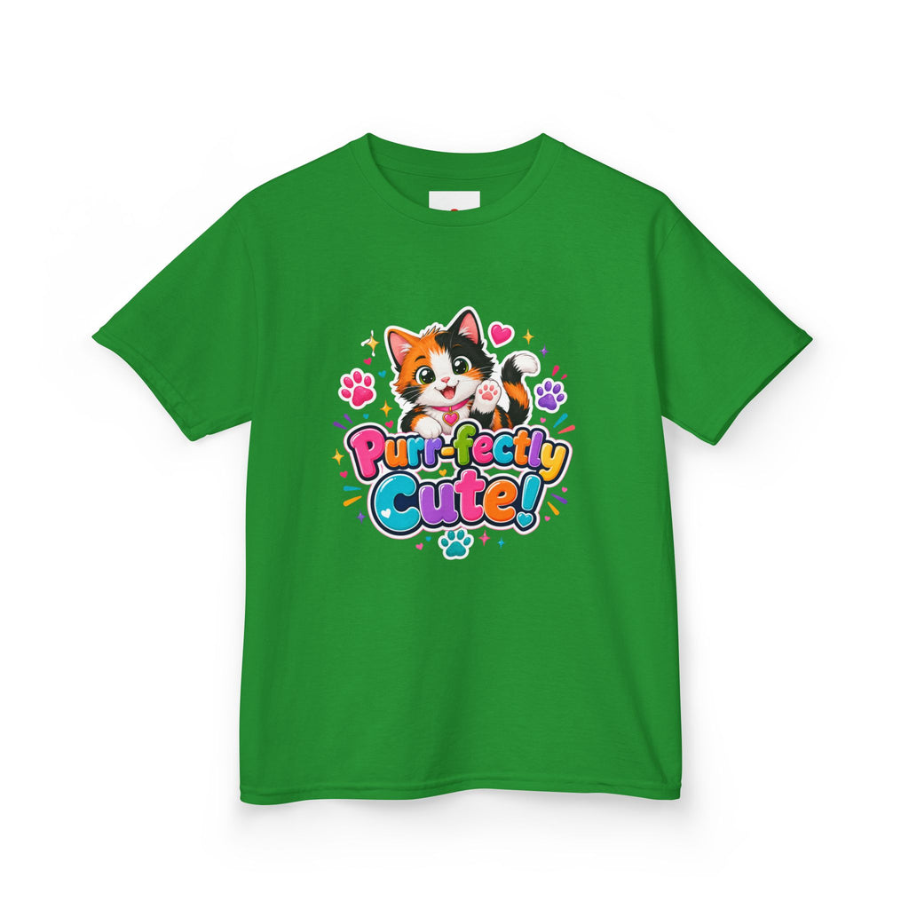 Kids Tee — “Purr-fectly Cute!” Colorful Calico Cat Graphic