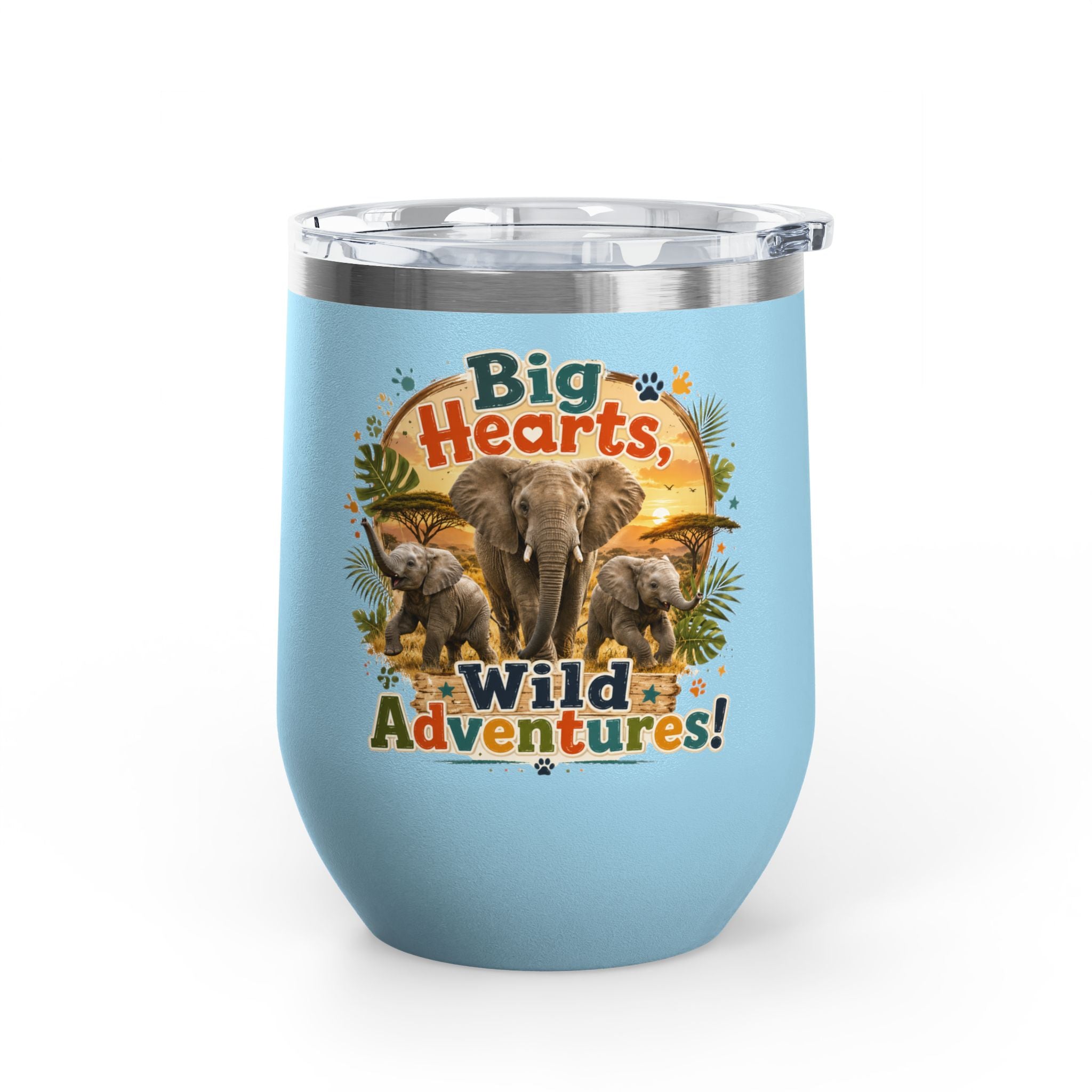12oz Tumbler — "Big Hearts, Wild Adventures!" Elephant Safari Travel Cup