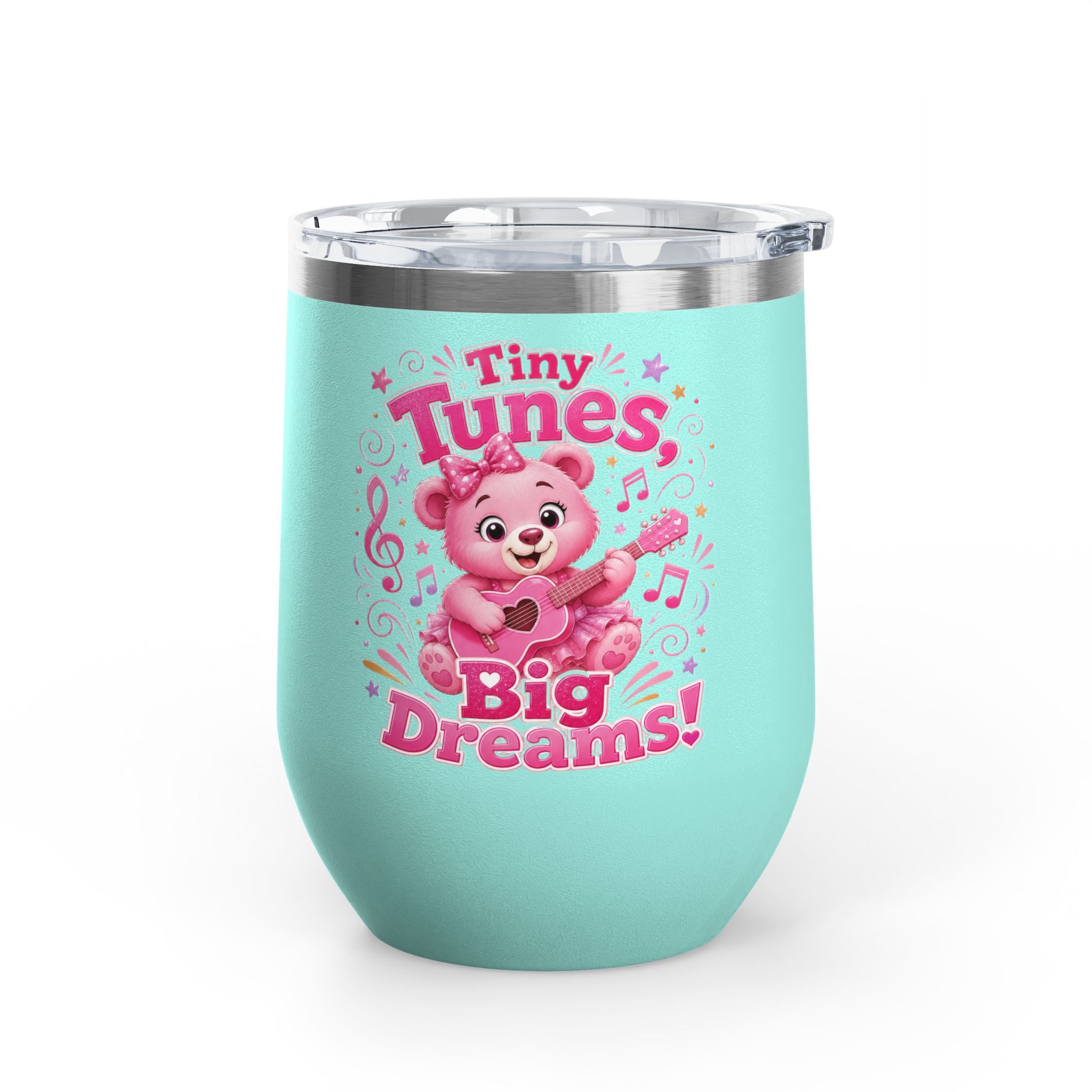 12oz Tumbler — "Tiny Tunes, Big Dreams" Cute Pink Bear Design