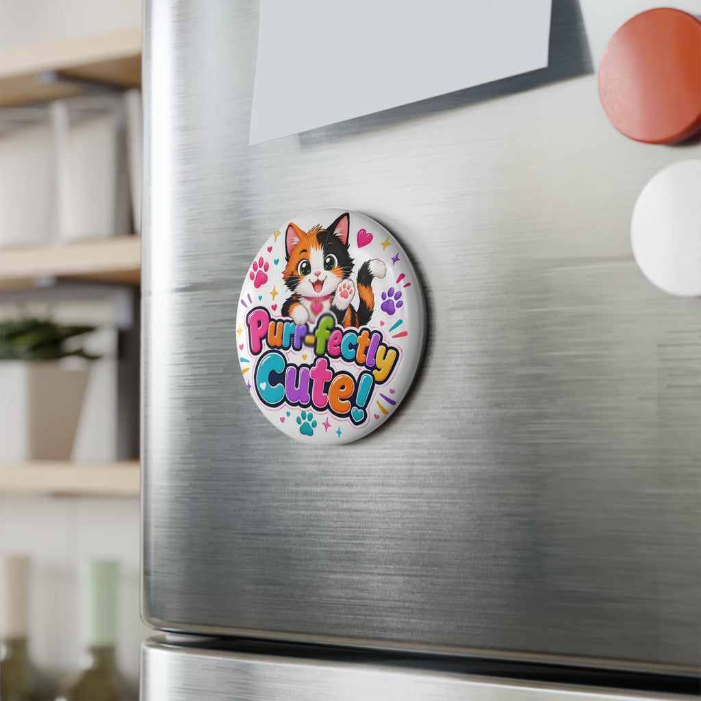 Purr-fectly Cute! Cat Button Magnet — Round Cat Lover Fridge Magnet