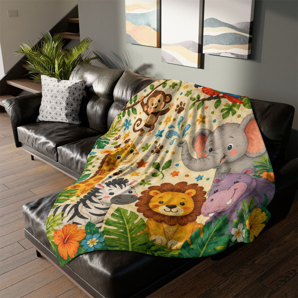 Cute Jungle Animals Baby Blanket | Safari Lion Elephant Giraffe Zebra